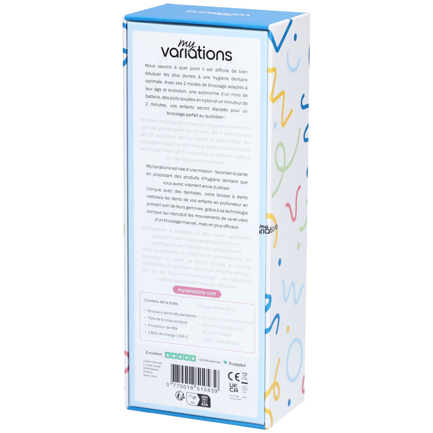 Rückseite der Verpackung der elektrischen Zahnbürste. Text in Deutsch, Französisch, Italienisch. Marke: myvariations. Informationen zum Produkt.