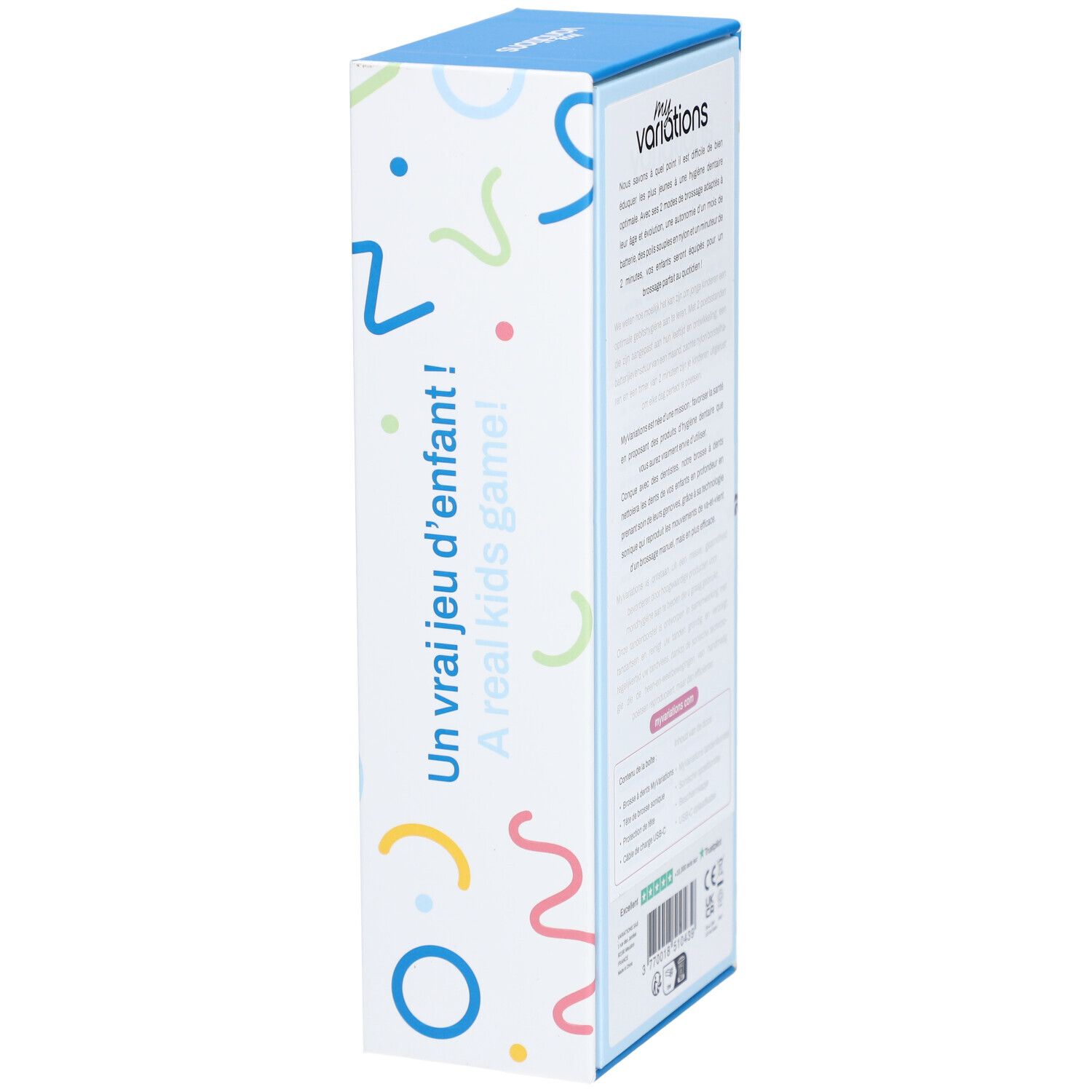 Seite der Verpackung der elektrischen Zahnbürste. Text in Französisch. Marke: myvariations. Design mit bunten Formen. Aufdruck: Kids.