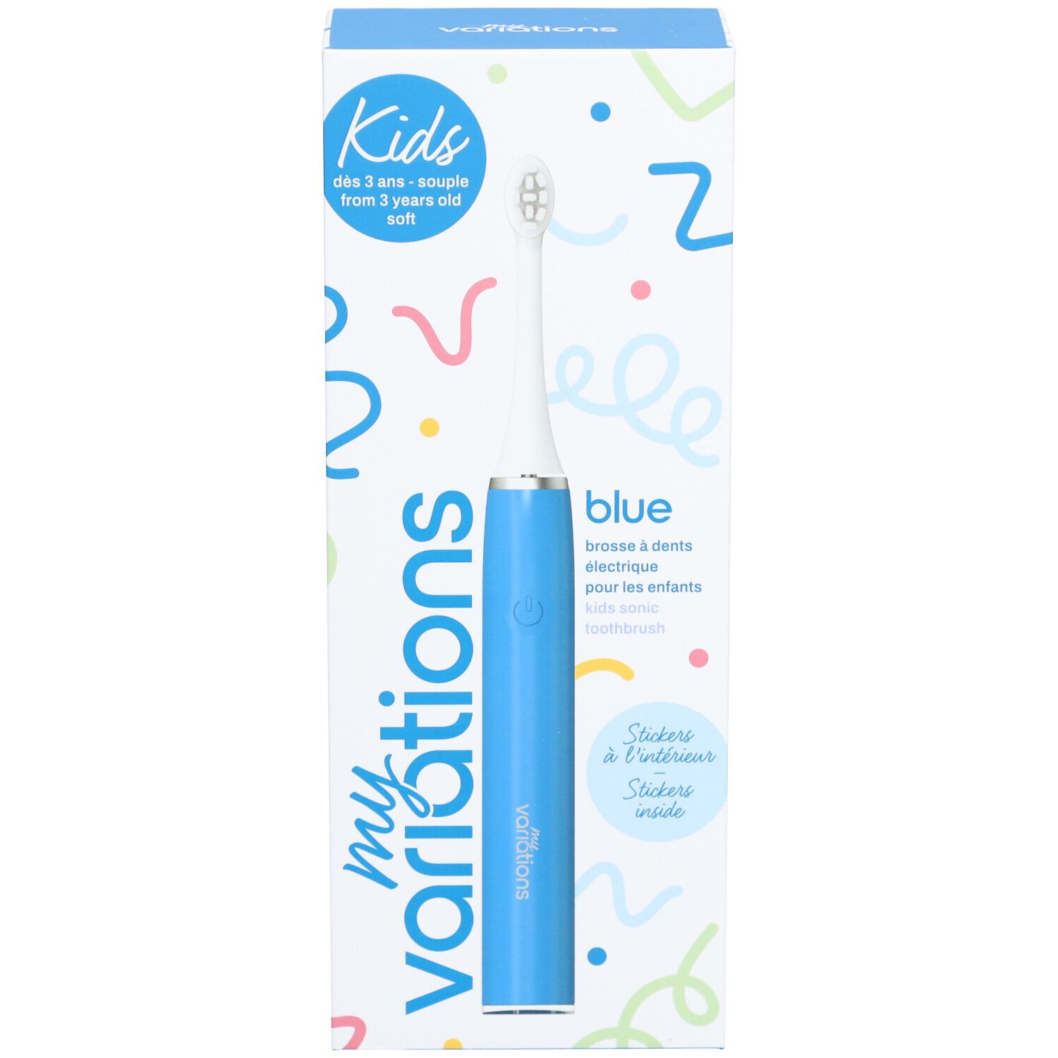 Blaue elektrische Zahnbürste für Kinder in Verpackung. Marke: myvariations. Aufdruck: Kids, ab 3 Jahren. Aufkleber enthalten.