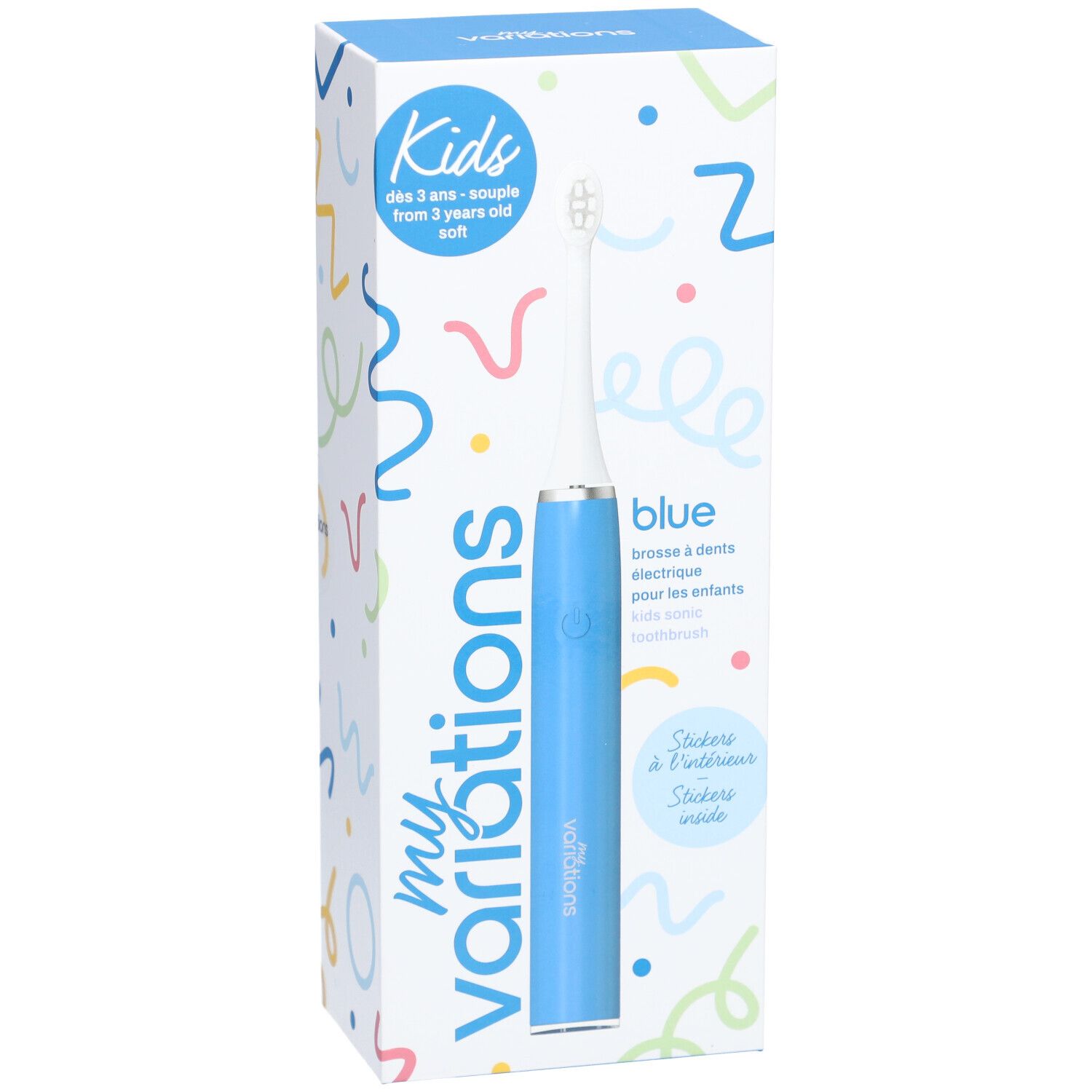 Blaue elektrische Zahnbürste für Kinder in Verpackung. Marke: myvariations. Aufdruck: Kids, ab 3 Jahren. Aufkleber enthalten.