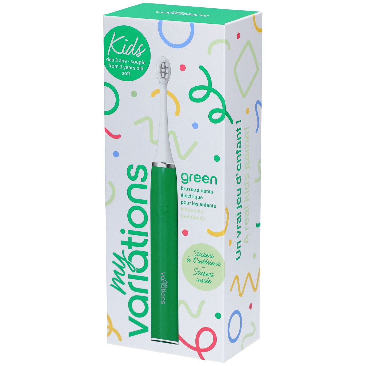 Elektrische Zahnbürste Kids Sonic Green in Verpackung. Grün, mit weißem Bürstenkopf. Marke: myvariations. Aufschrift: "Kids".