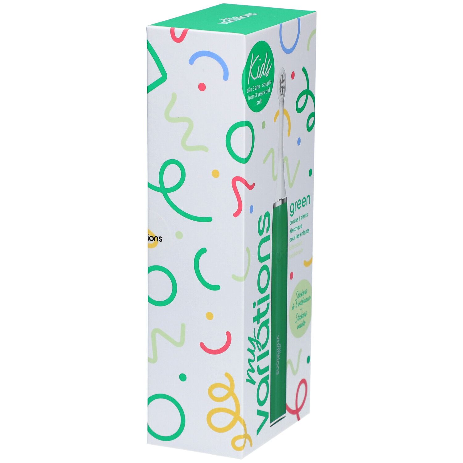 Verpackung der elektrischen Zahnbürste Kids Sonic Green. Weiß mit bunten Mustern. Marke: myvariations. Aufschrift: "green".