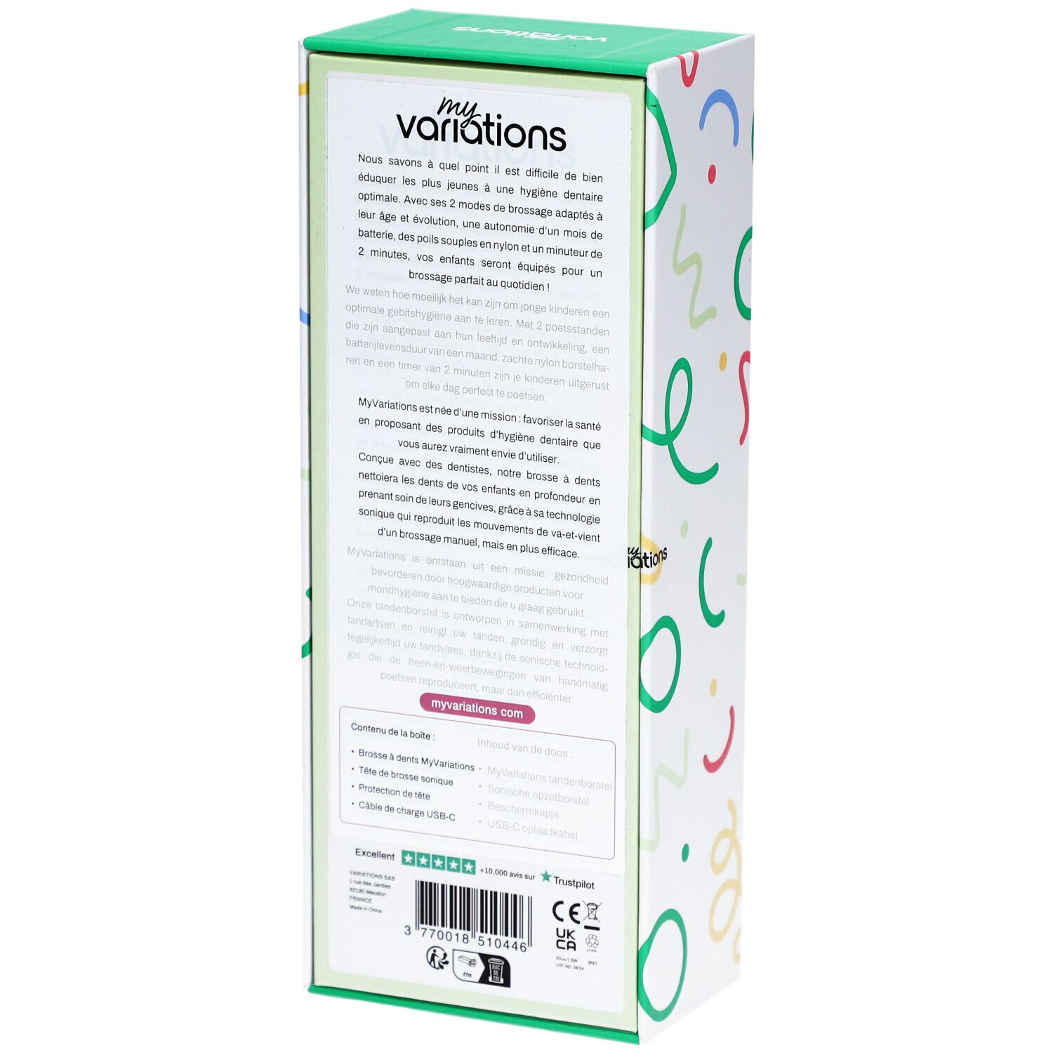 Rückseite der Verpackung der elektrischen Zahnbürste Kids Sonic Green. Text in Französisch. Marke: myvariations. Enthält: Zahnbürste, Bürstenkopf, USB-C-Kabel.