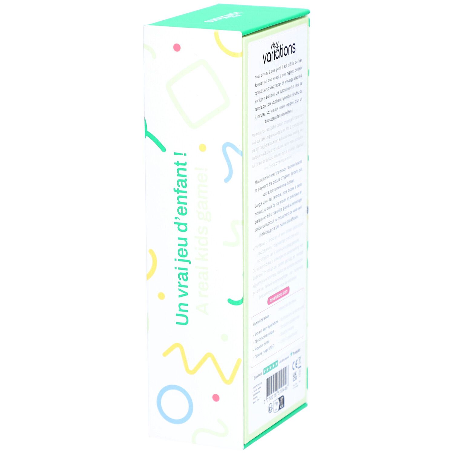 Verpackung der elektrischen Zahnbürste Kids Sonic Green. Text in Französisch. Marke: myvariations. Aufschrift: "Un vrai jeu d'enfant!"