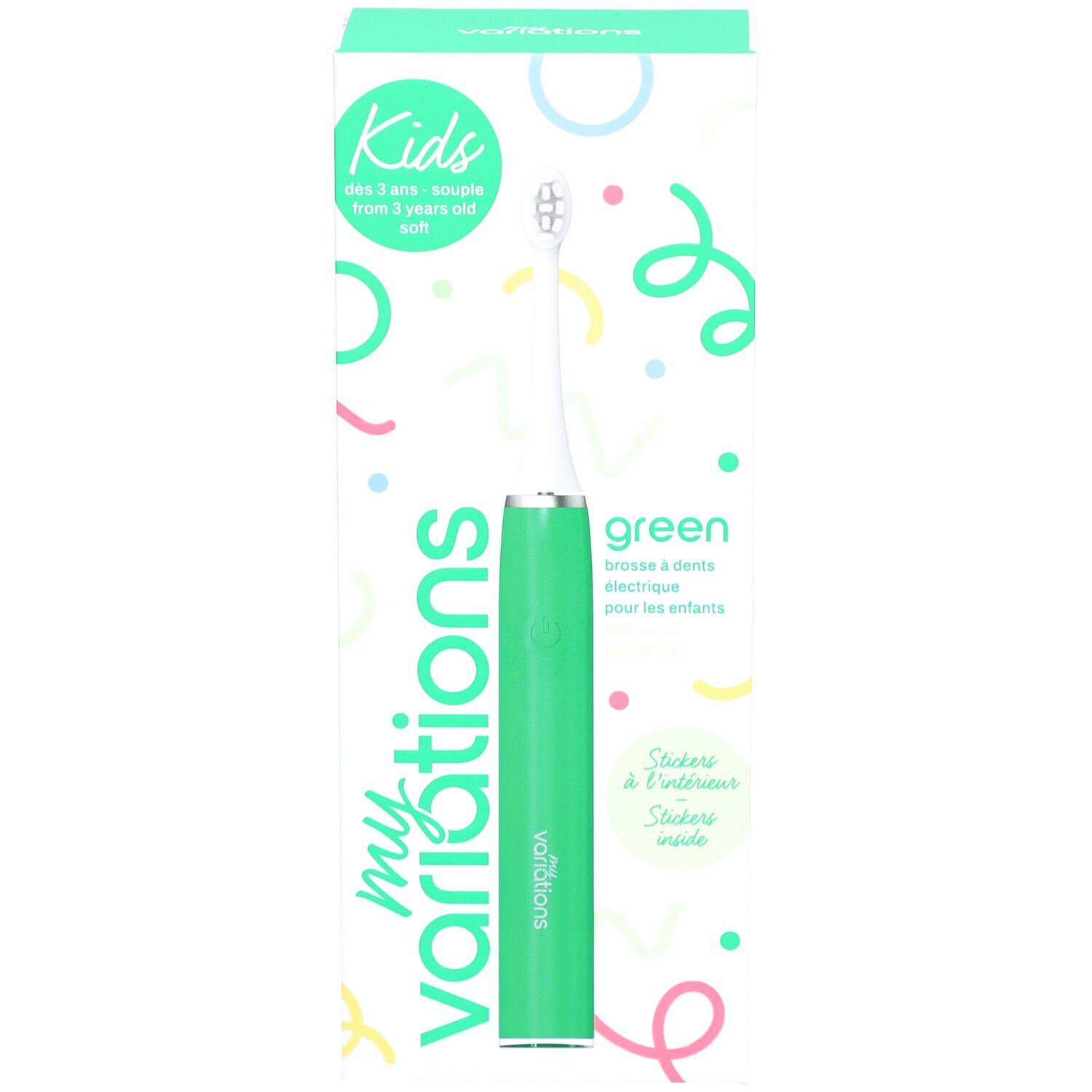 Elektrische Zahnbürste Kids Sonic Green. Grün, mit weißem Bürstenkopf. Marke: myvariations. Aufschrift: "Kids" und "green".