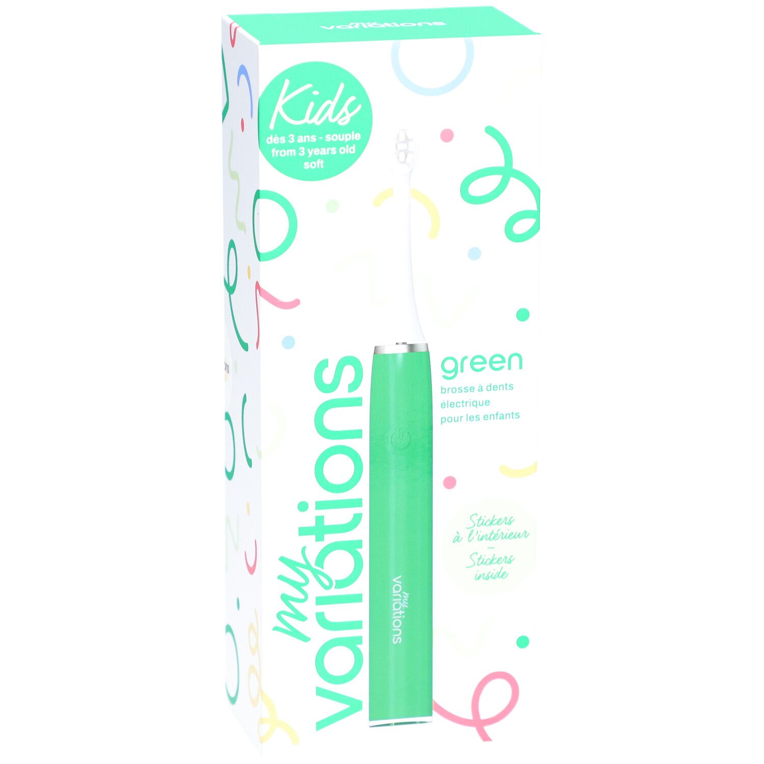Elektrische Zahnbürste Kids Sonic Green in Verpackung. Grün, mit weißem Bürstenkopf. Marke: myvariations. Aufschrift: "Kids" und "green".