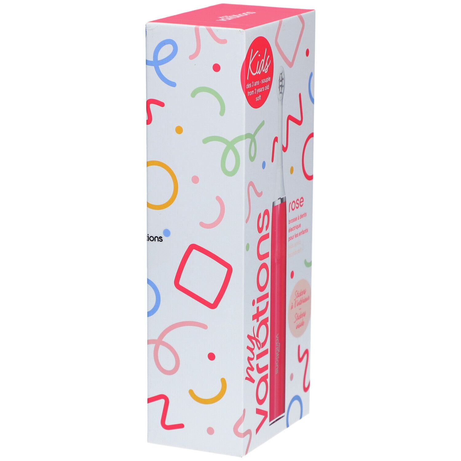 Emballage de la brosse à dents électrique Kids Sonic Pink. Brosse rose visible. Emballage avec motifs colorés et nom du produit.
