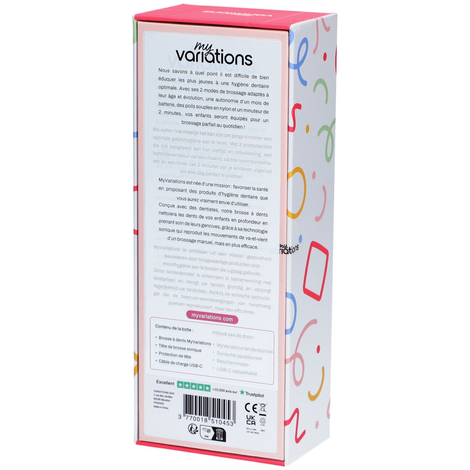 Dos de l'emballage de la brosse à dents électrique Kids Sonic Pink. Texte multilingue. Informations sur le produit et logos.