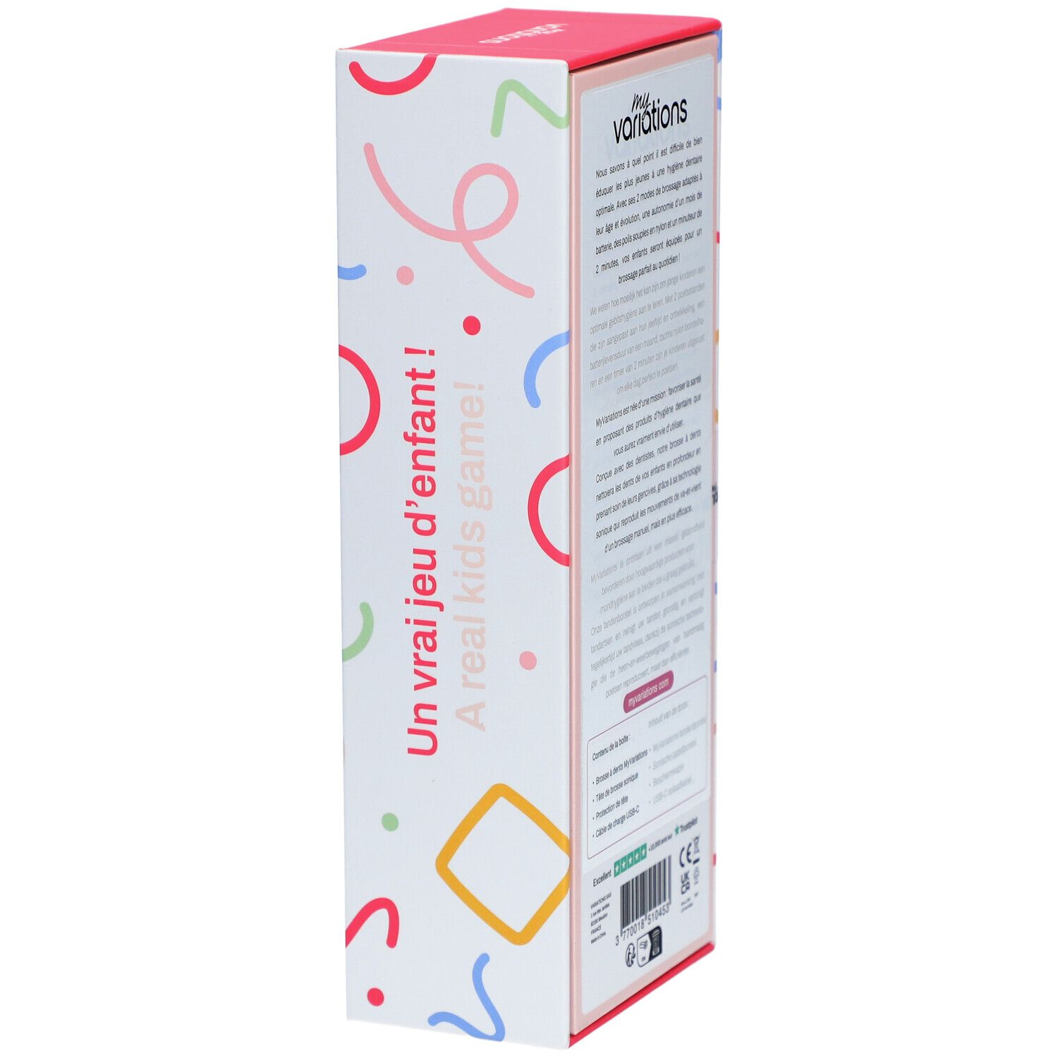 Côté de l'emballage de la brosse à dents électrique Kids Sonic Pink. Texte multilingue. Nom du produit et logos.