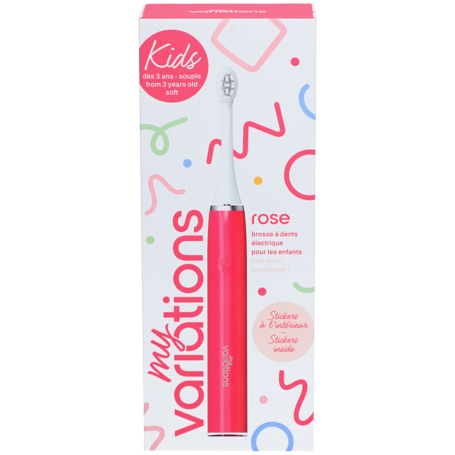 Brosse à dents électrique rose pour enfants dans son emballage. Tête de brosse blanche, corps rose. Emballage avec motifs colorés et nom du produit.
