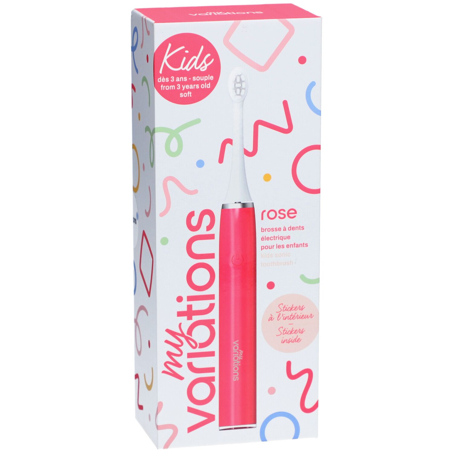 Brosse à dents électrique rose pour enfants dans son emballage. Tête de brosse blanche, corps rose. Emballage avec motifs colorés et nom du produit.