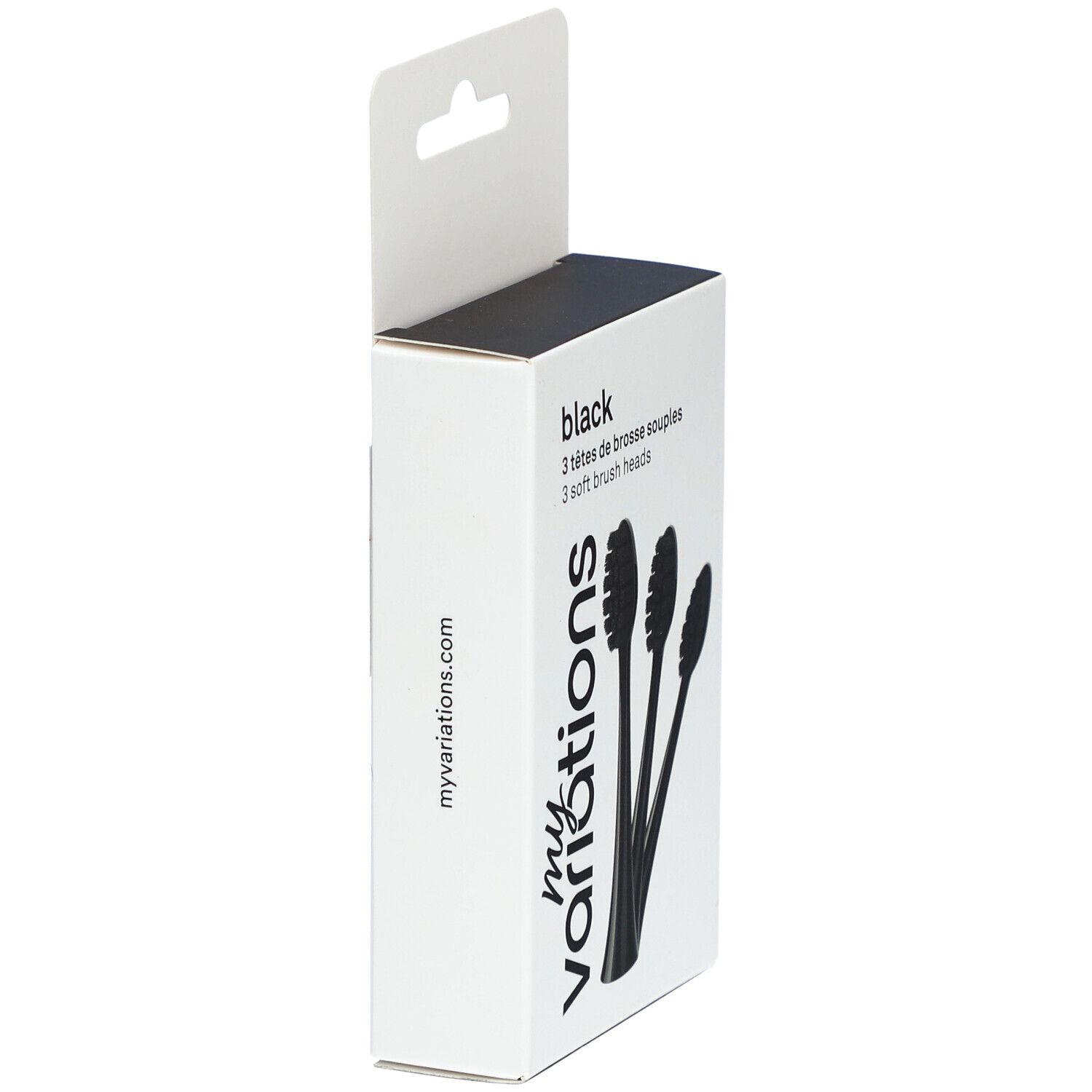 Seitenansicht der Verpackung mit drei schwarzen Bürstenköpfen. Marke: my variations. Aufschrift: myvariations.com.