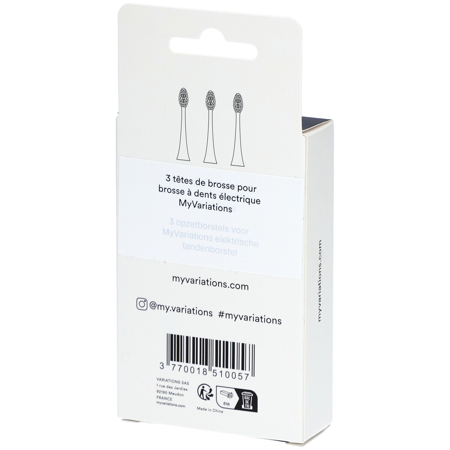 Rückseite der Verpackung mit drei Bürstenkopf-Illustrationen. Aufschrift: myvariations.com. Barcode.