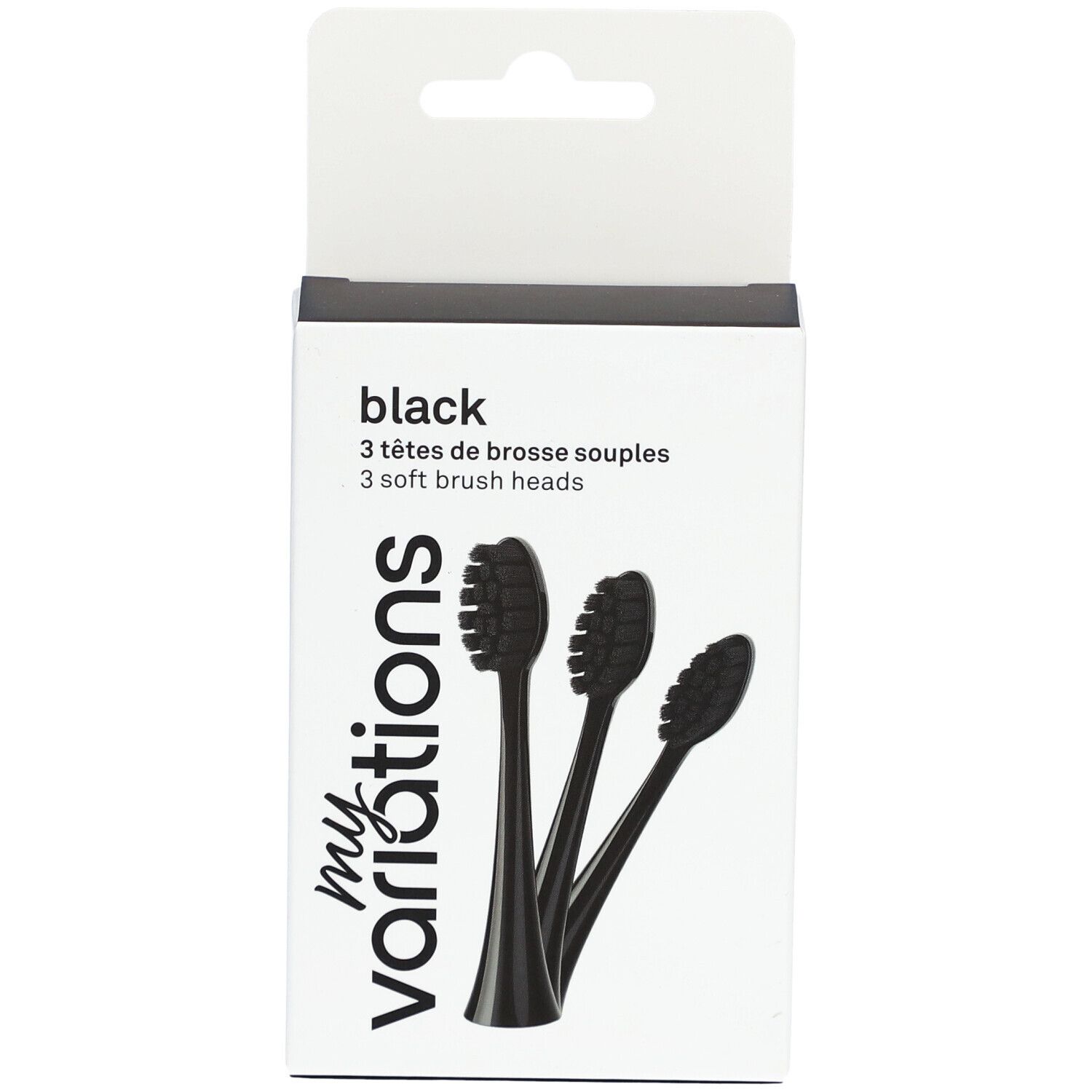 Verpackung mit drei schwarzen Bürstenköpfen. Aufschrift: black, 3 soft brush heads. Marke: my variations.