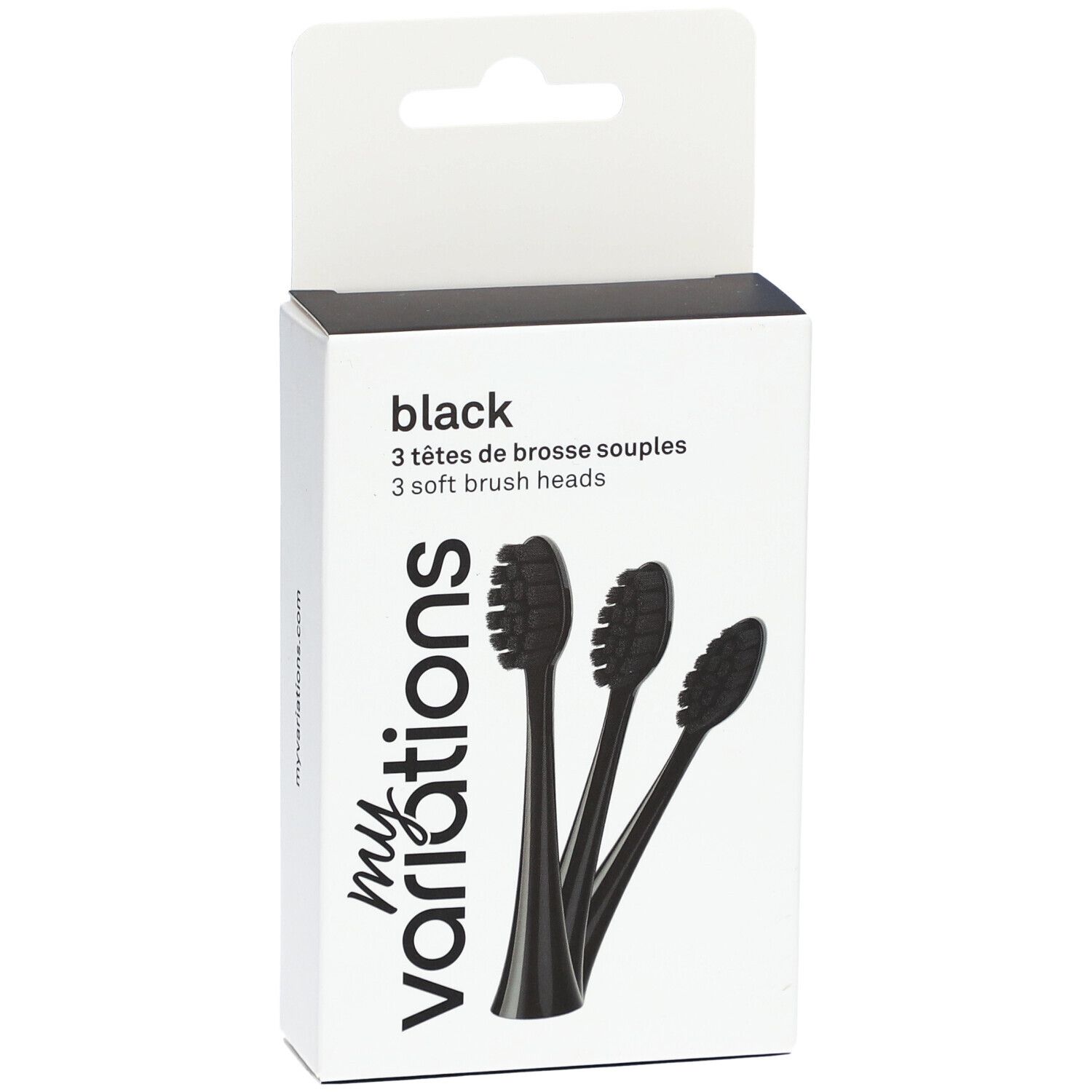 Verpackung mit drei schwarzen Bürstenköpfen. Aufschrift: black, 3 soft brush heads. Marke: my variations.