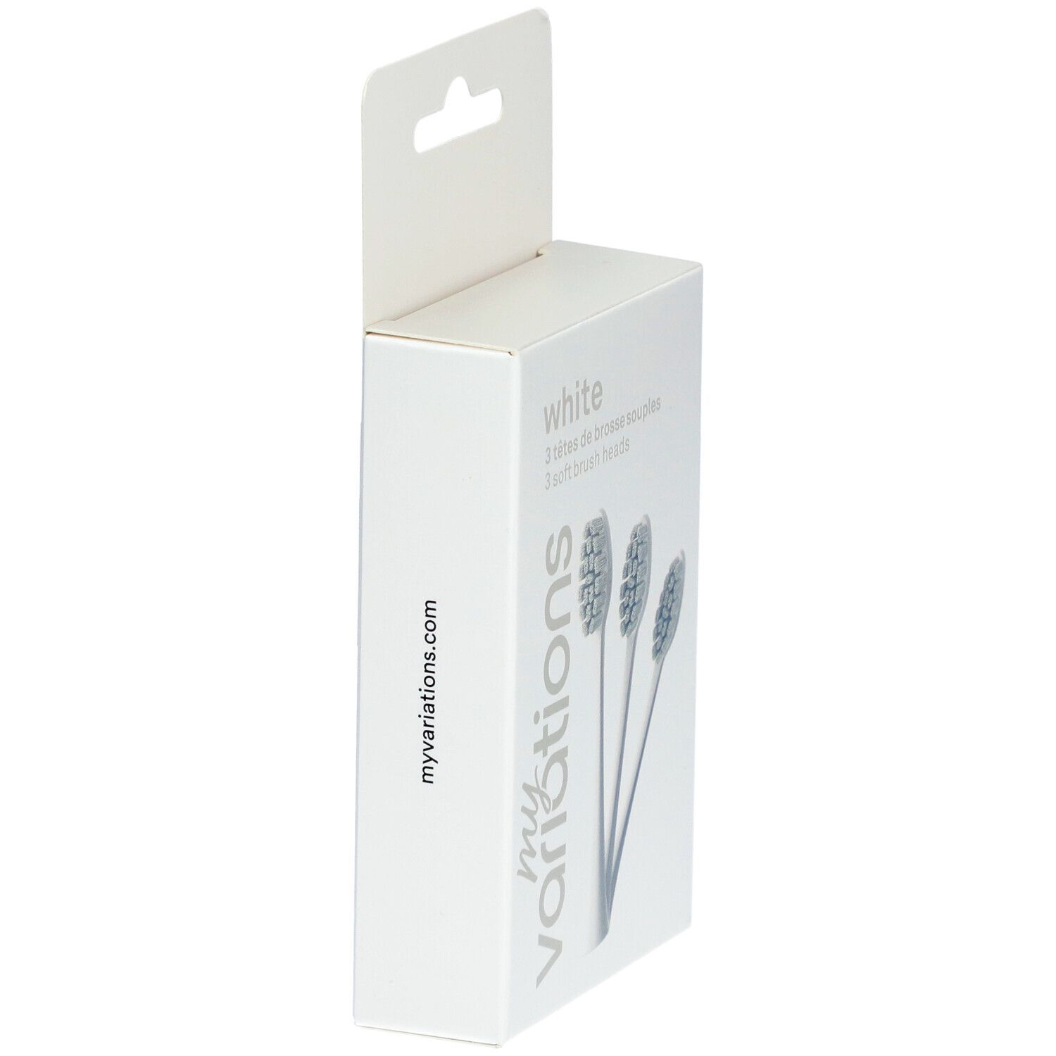 Seitenansicht der Verpackung mit drei weißen Bürstenköpfen. Aufschrift: myvariations.com.
