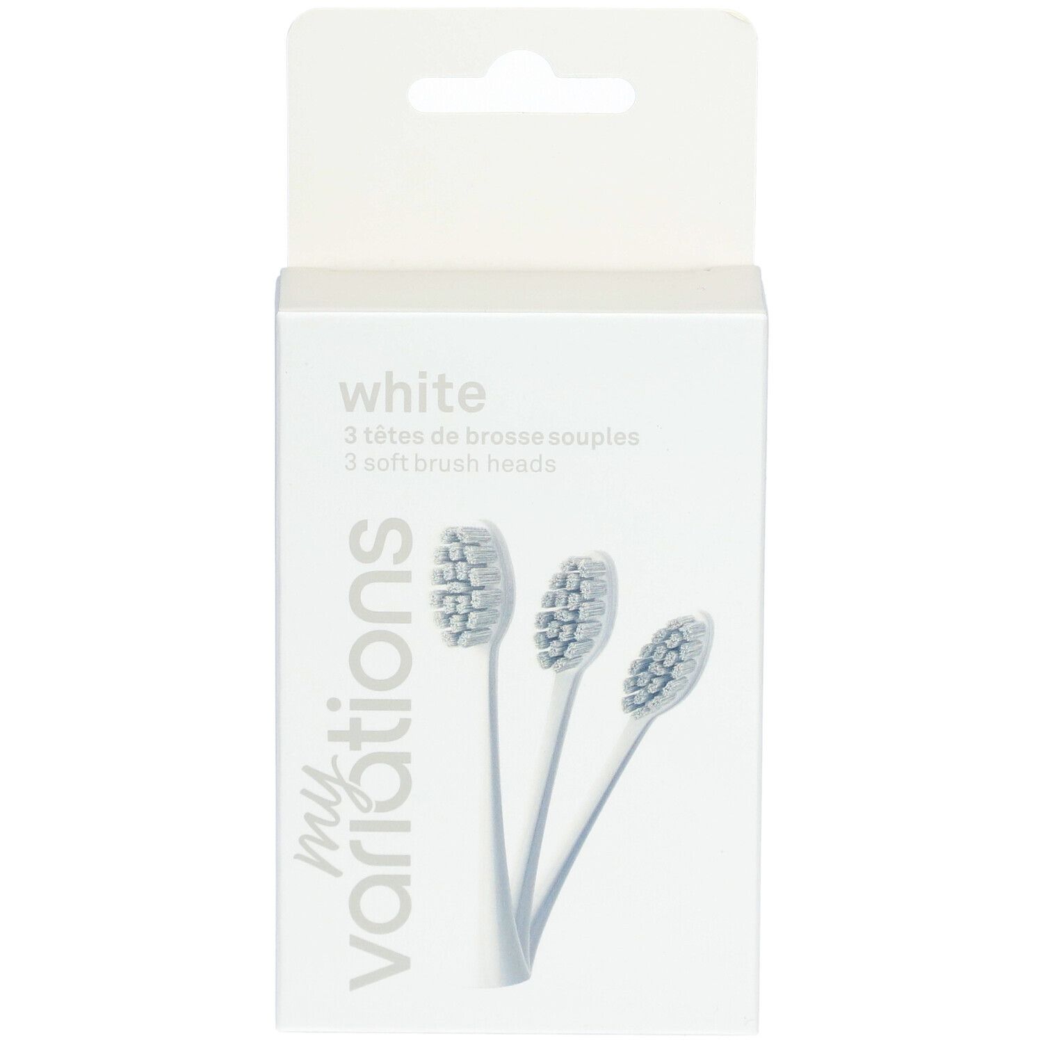 Verpackung mit drei weißen Bürstenköpfen. Aufschrift: myvariations, white, 3 soft brush heads.