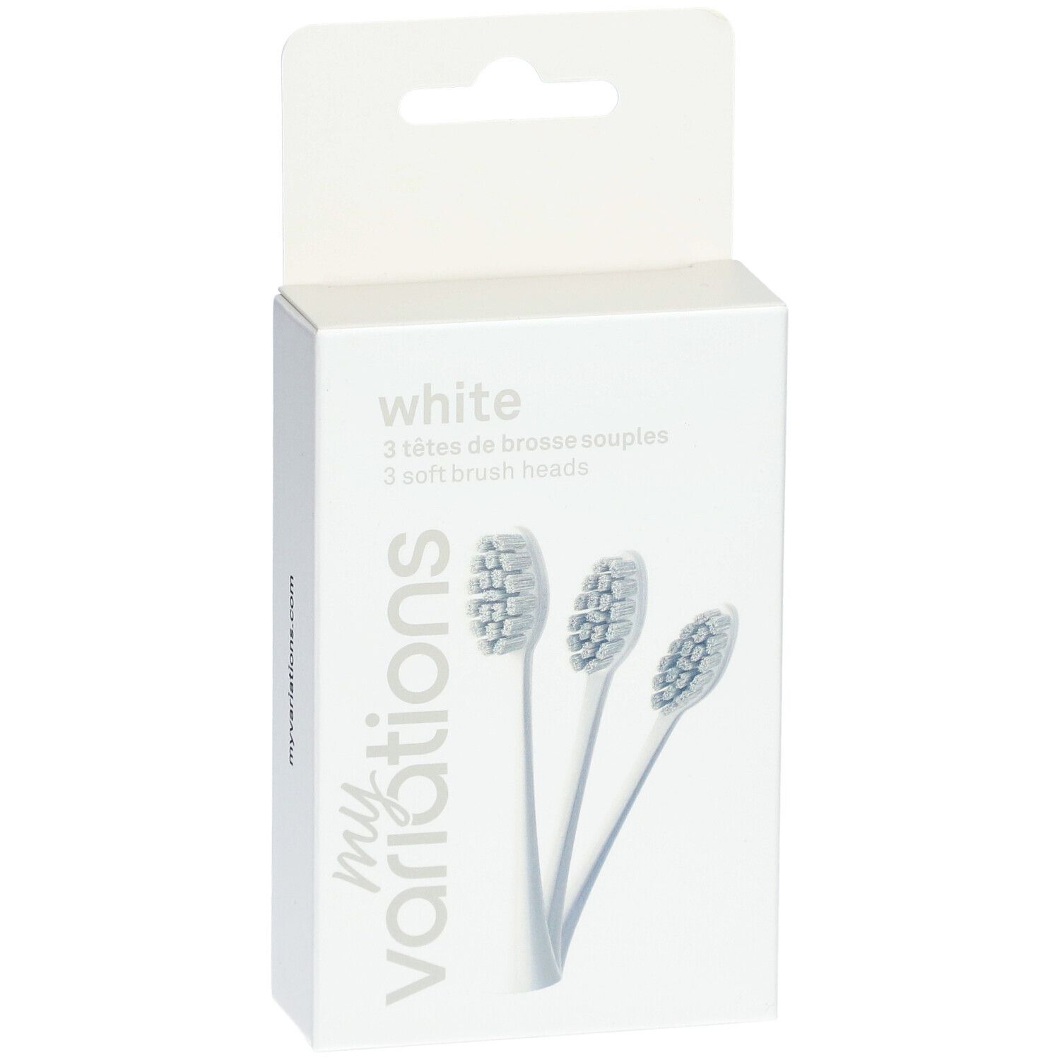 Verpackung mit drei weißen Bürstenköpfen. Aufschrift: myvariations, white, 3 soft brush heads.