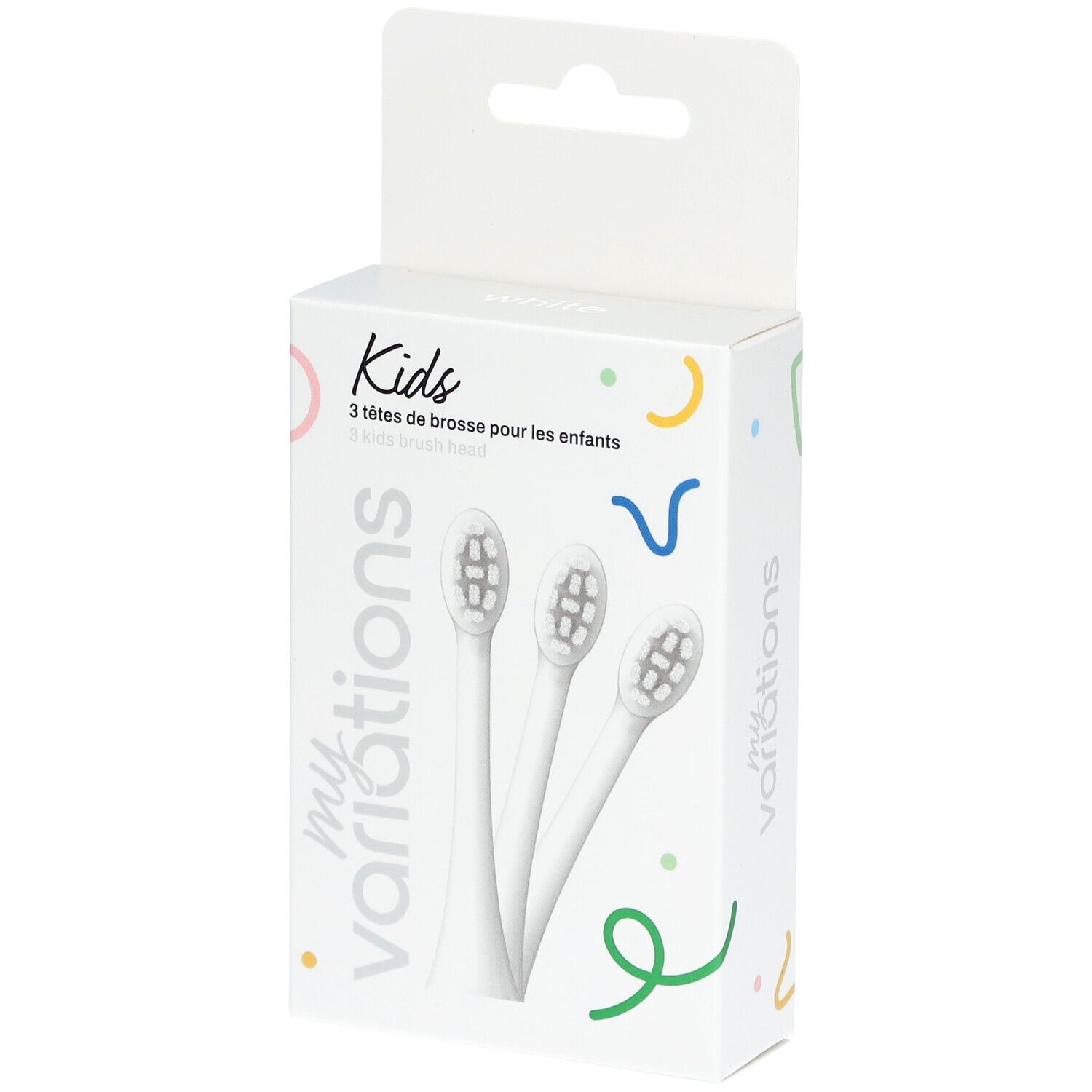 Boîte de 3 têtes de brosse blanches pour enfants. Inscription : myvariations, Kids, 3 têtes de brosse pour les enfants.