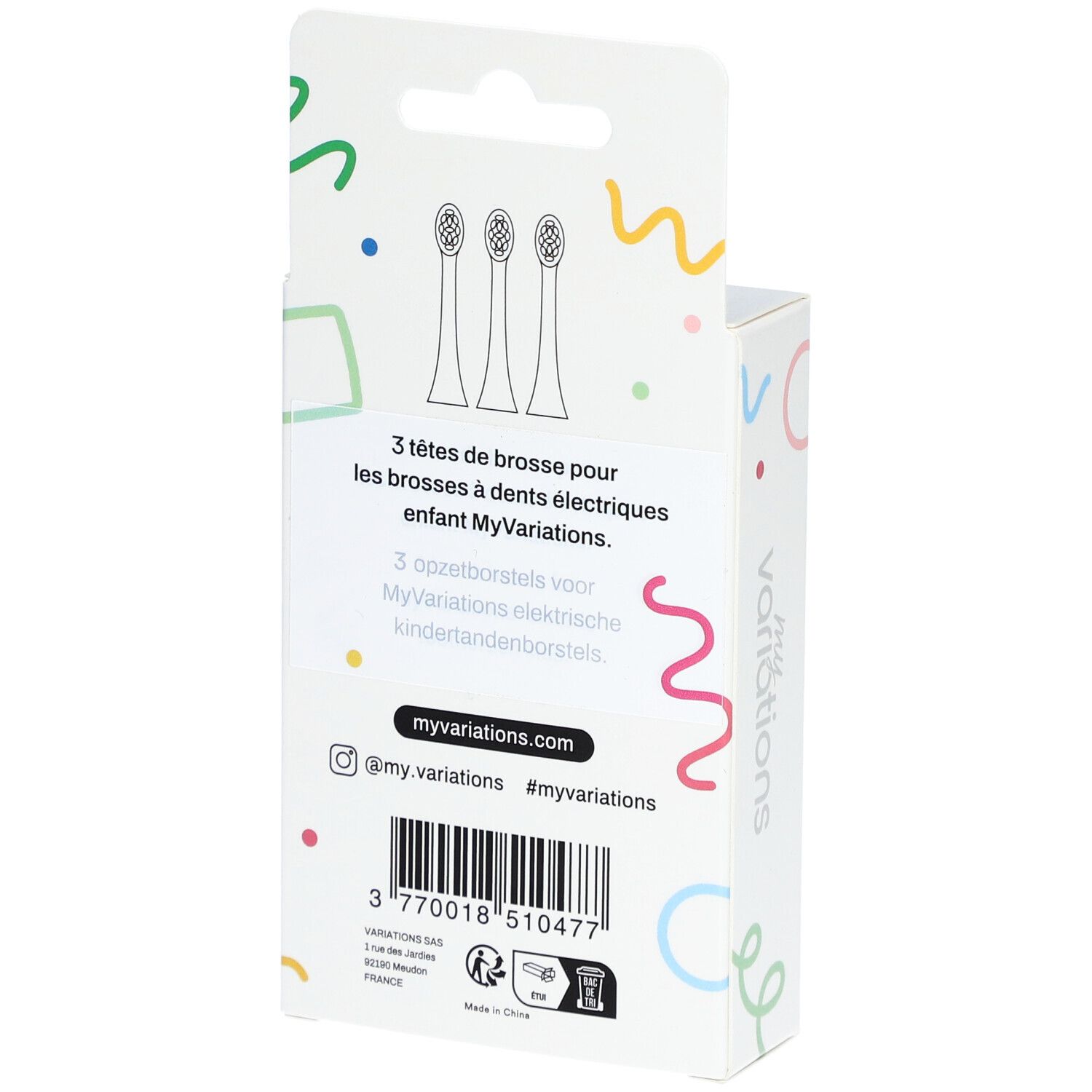 Dos de la boîte avec 3 têtes de brosse blanches. Inscriptions : myvariations, 3 têtes de brosse, @my.variations, #myvariations.