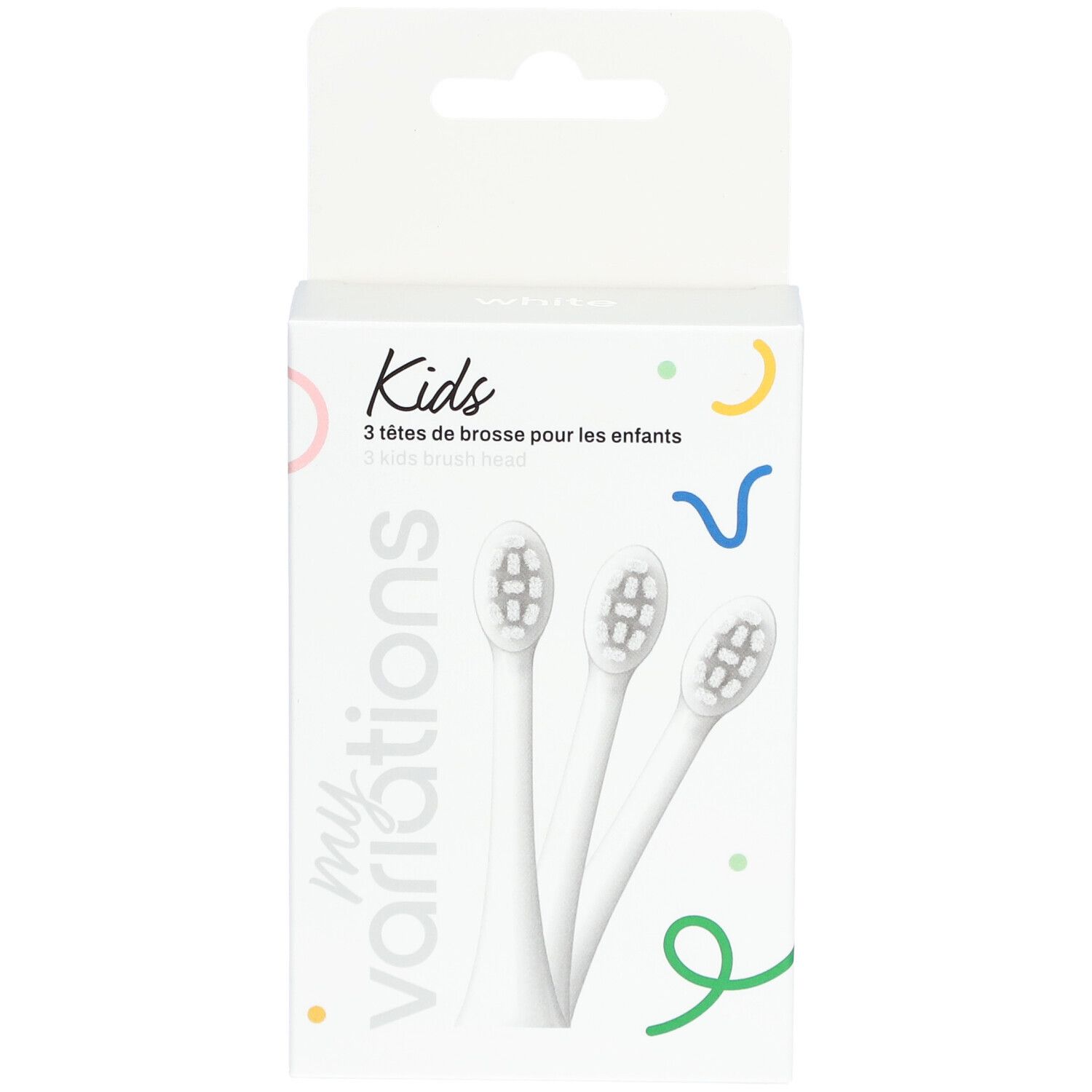 Boîte de 3 têtes de brosse blanches pour enfants. Inscription : myvariations, Kids, 3 têtes de brosse pour les enfants.