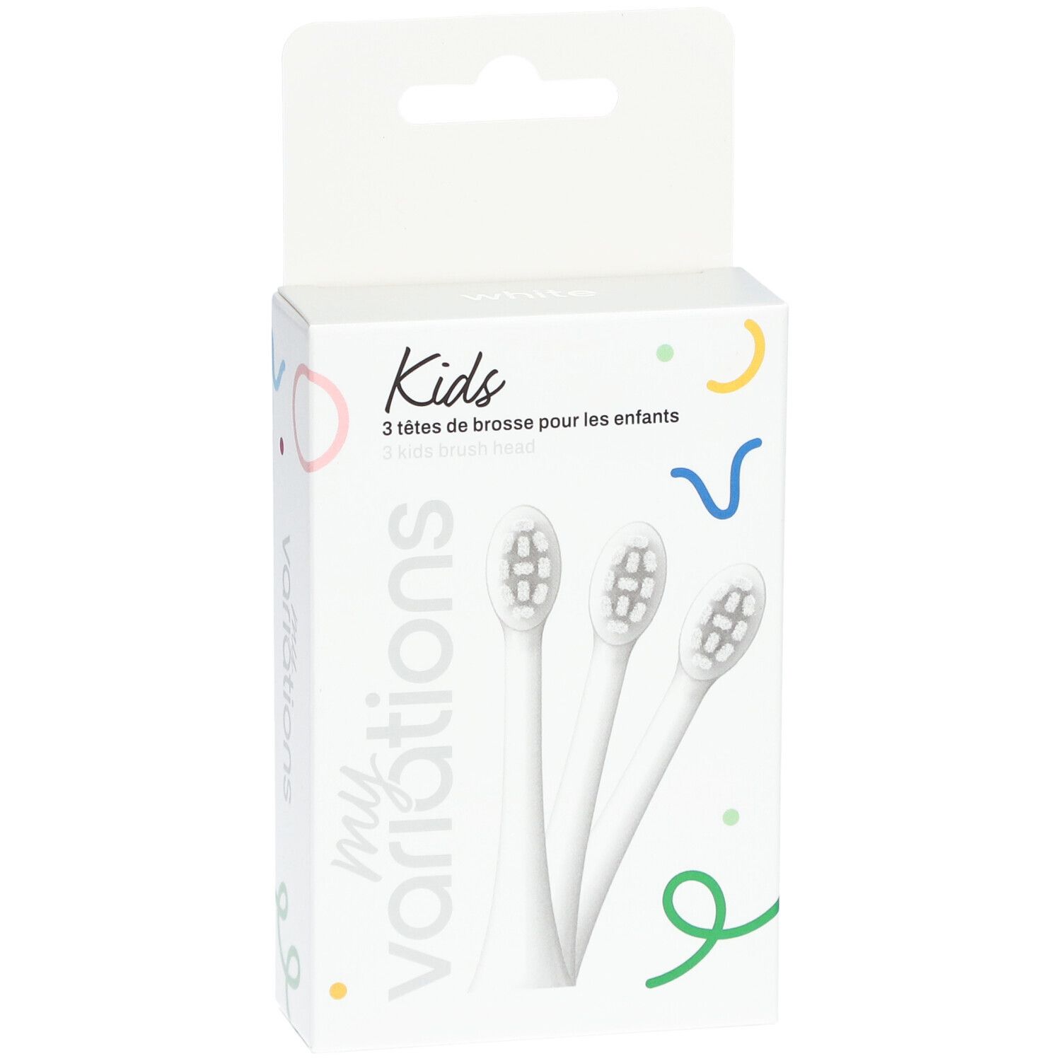 Boîte de 3 têtes de brosse blanches pour enfants. Inscription : myvariations, Kids, 3 têtes de brosse pour les enfants.