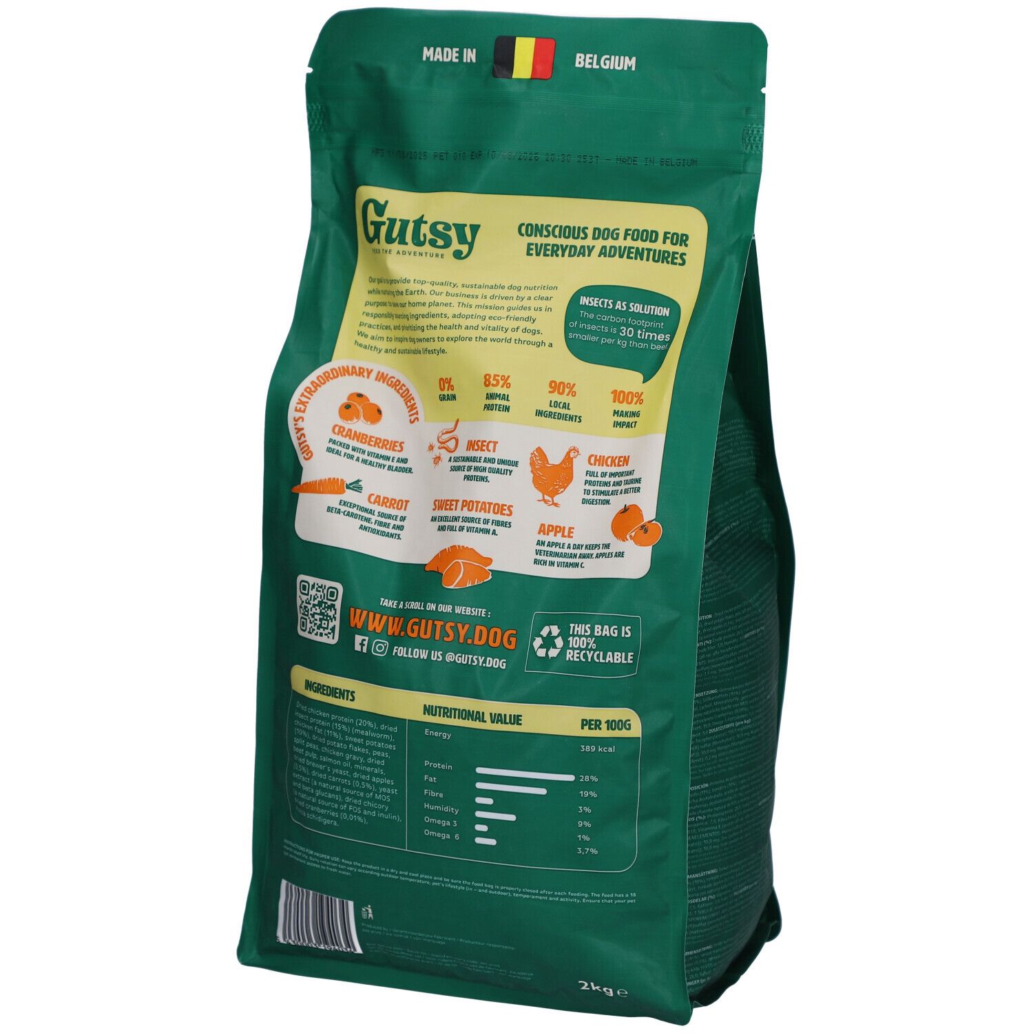 Rückseite Gutsy Chicken Munchies Hundefutter für kleine erwachsene Hunde, 2kg Beutel.