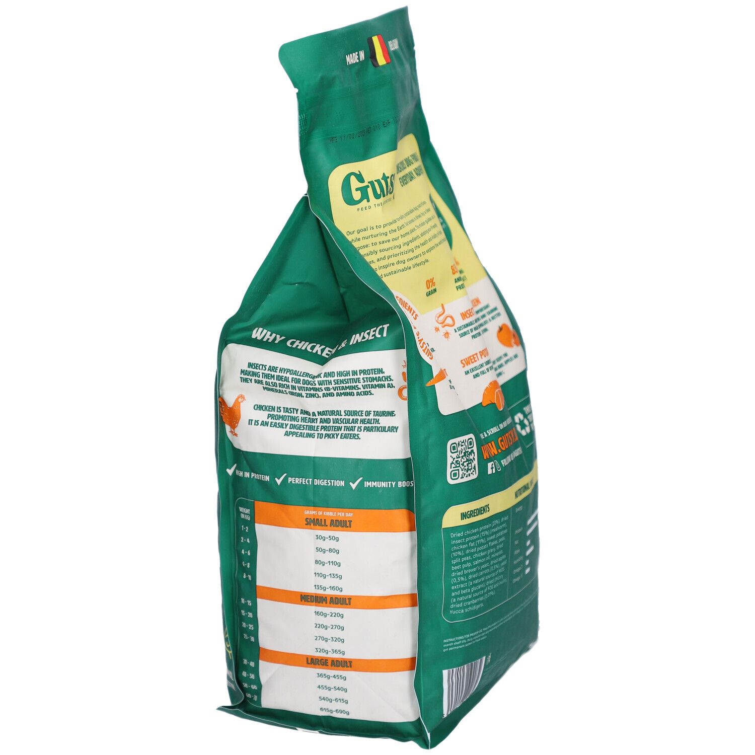 Grüne Futtertüte mit der Aufschrift 'Grutto', für Hunde, mit Informationen zu Huhn und Insekten.