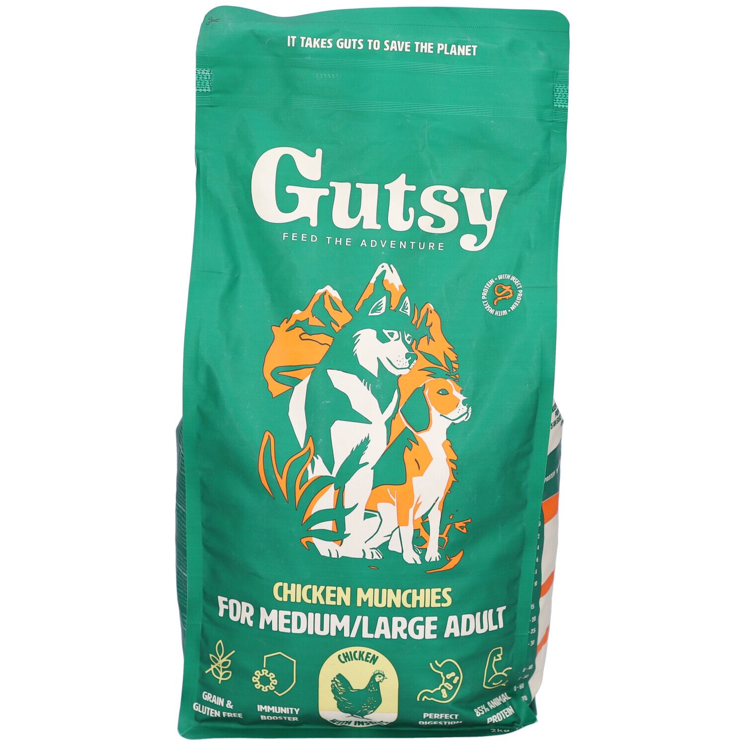 Grüne Tüte mit Hundefutter. Aufschrift: Gutsy Chicken Munchies für mittelgroße/große Hunde. Illustration von Hunden.