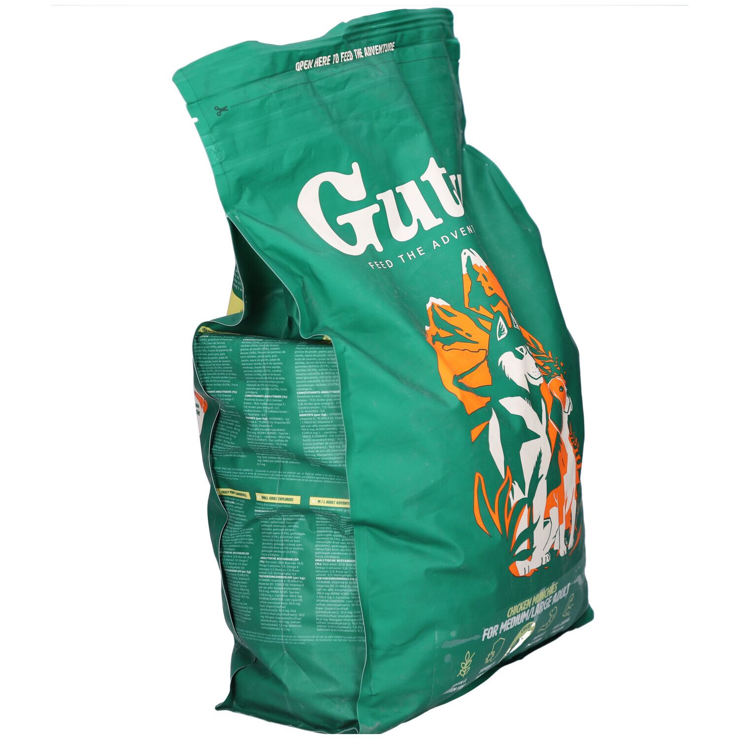 Grüne Tüte mit Gutsy-Logo und Hunden. Text: Chicken Munchies für mittelgroße/große Hunde. Detailansicht der Rückseite.
