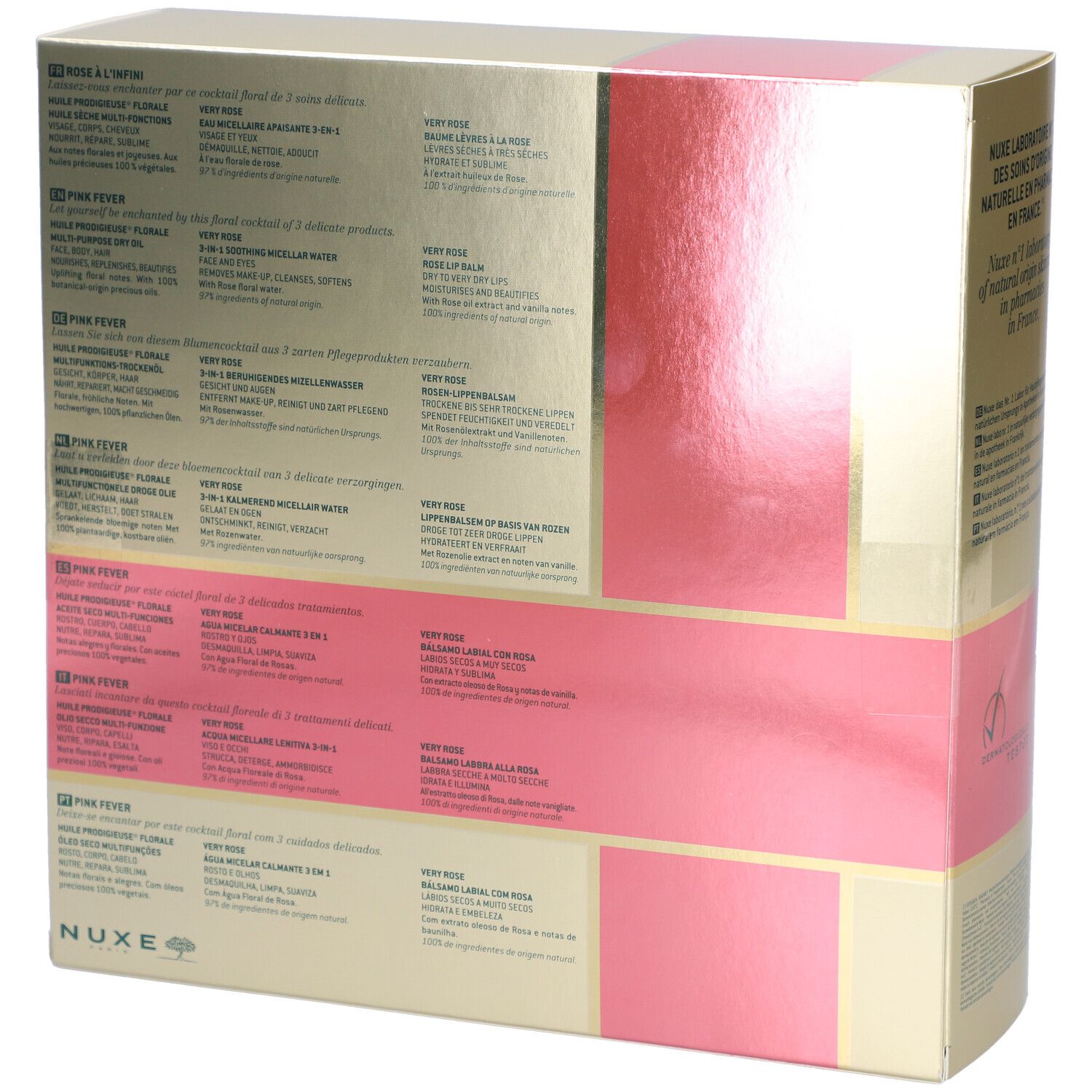 Dos du coffret cadeau. Texte multilingue. Logo Nuxe et noms de produits. Couleurs rose et or.