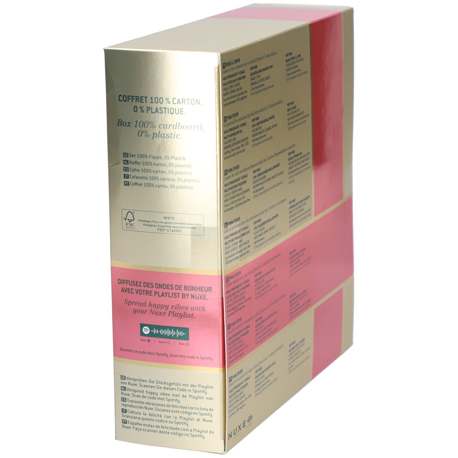Coffret cadeau en carton. Texte sur la durabilité. Logo Nuxe. Couleurs rose et or.