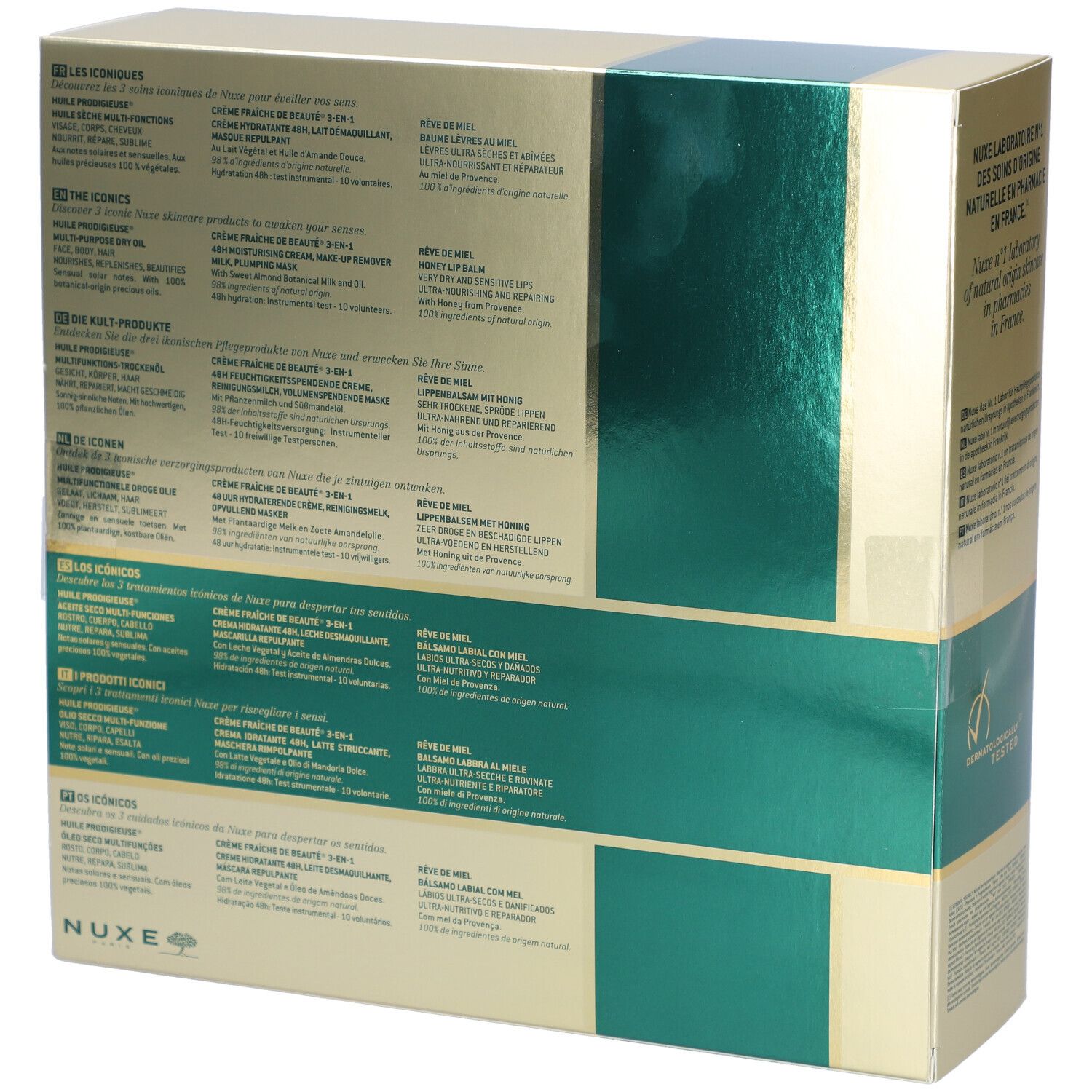 Dos du coffret cadeau. Doré avec des accents verts. Texte en plusieurs langues. Logo Nuxe et informations sur le produit.