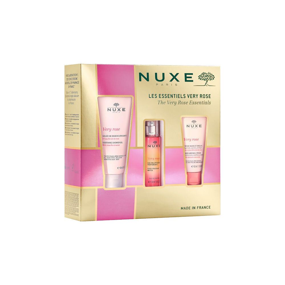 Coffret Nuxe Very Rose. Contient gel douche, brume parfumée et crème mains. Boîte dorée et rose.