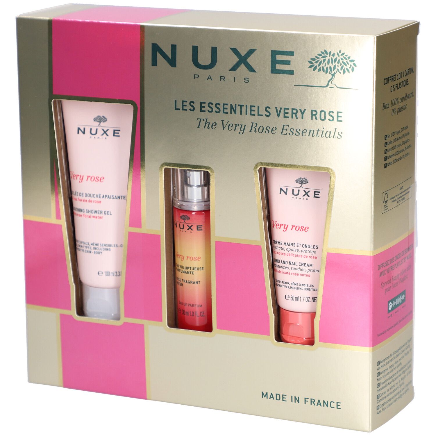 Coffret Nuxe Very Rose. Boîte dorée et rose contenant gel douche, brume parfumée et crème mains. Fabriqué en France.