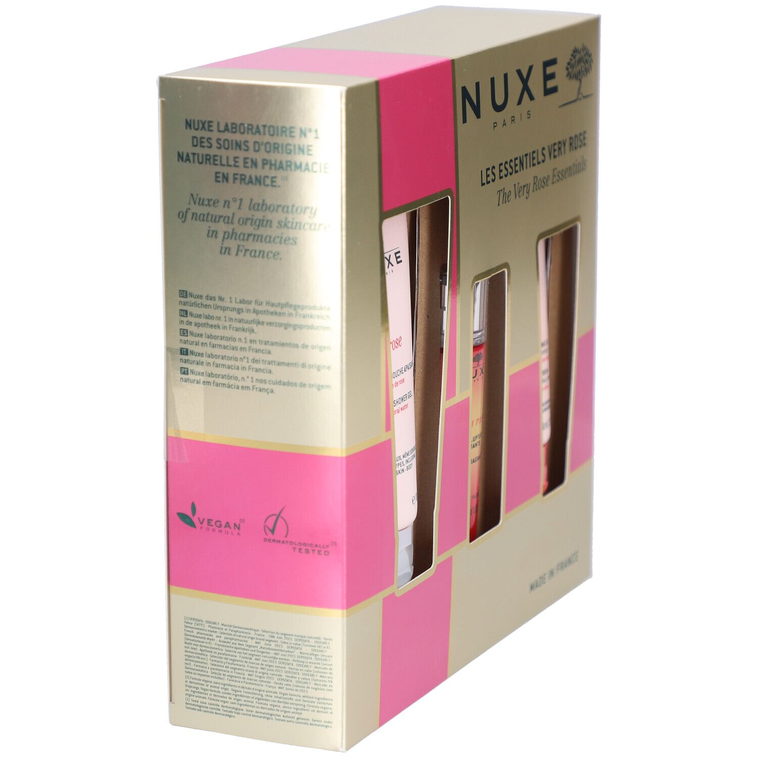 Vue latérale du coffret Nuxe Very Rose. Doré et rose. Certification Vegan et informations sur l'emballage.