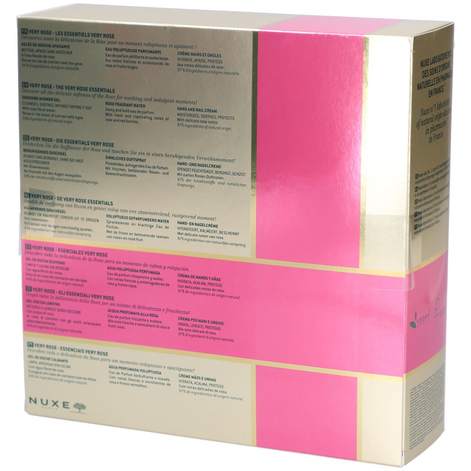 Dos du coffret Nuxe Very Rose. Doré et rose. Texte multilingue. Fabriqué en France.