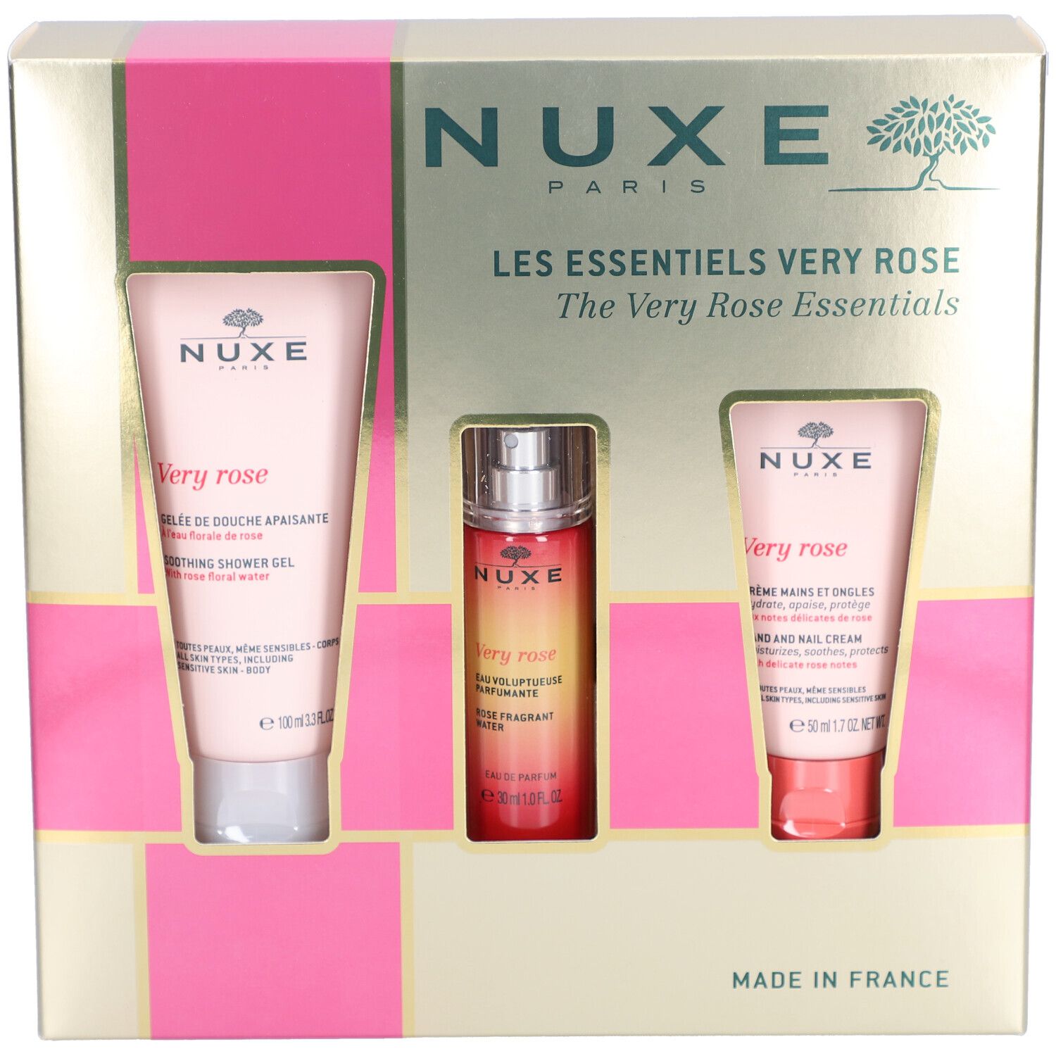 Coffret Nuxe Very Rose. Contient gel douche, brume parfumée et crème mains. Boîte dorée et rose.