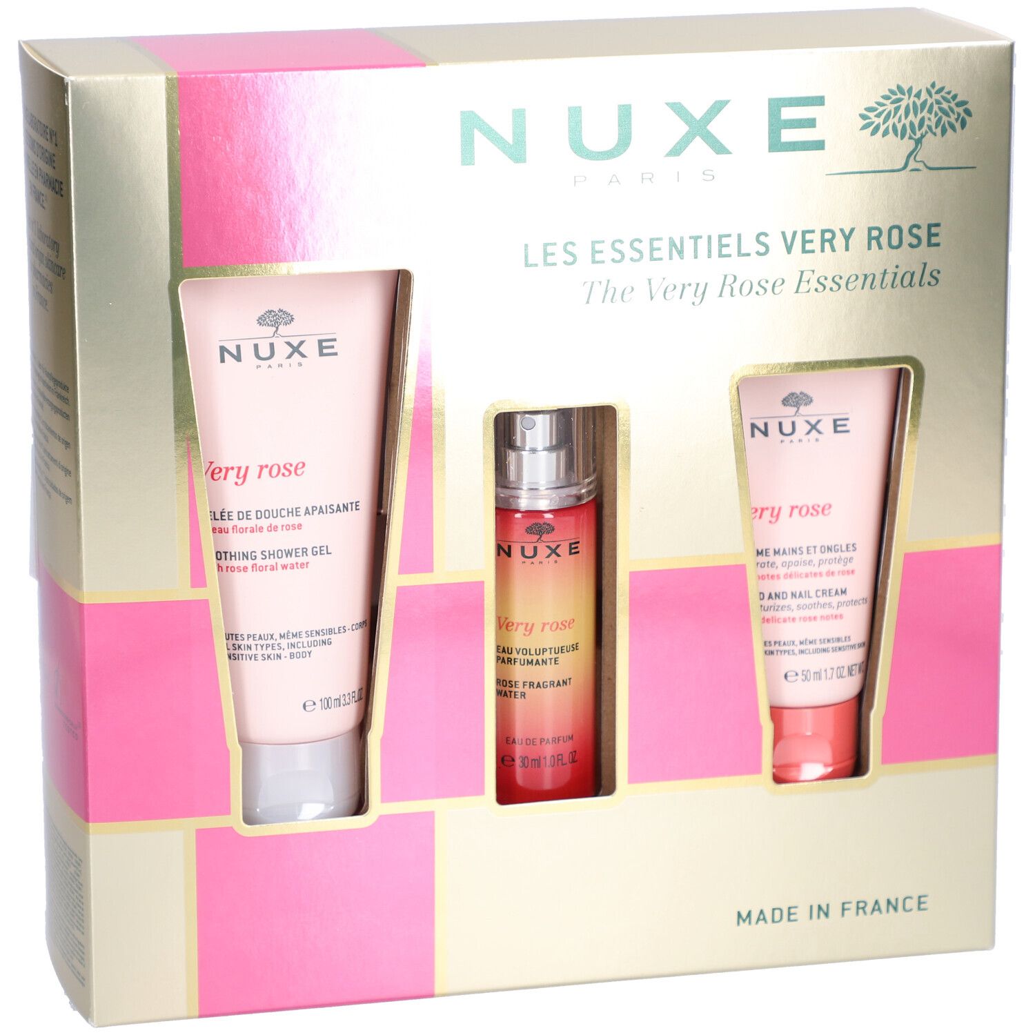 Coffret Nuxe Very Rose. Contient gel douche, brume parfumée et crème mains. Boîte dorée et rose.