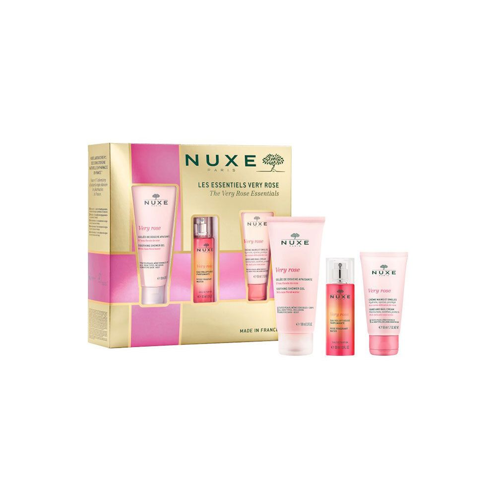 Coffret Nuxe Very Rose. Contient gel douche, brume parfumée et crème mains. Boîte dorée et rose.