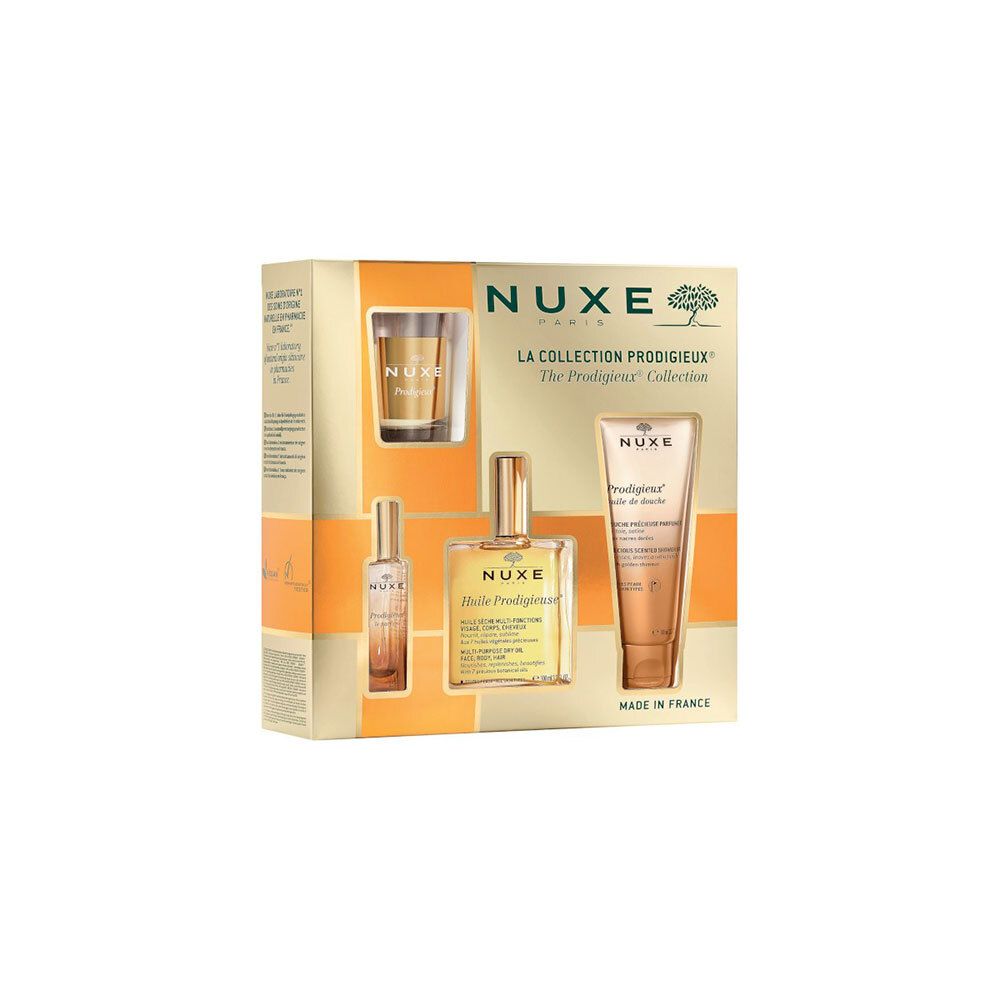Coffret cadeau Nuxe. Contient huile, gel douche et bougie. Emballage doré avec noms de produits.