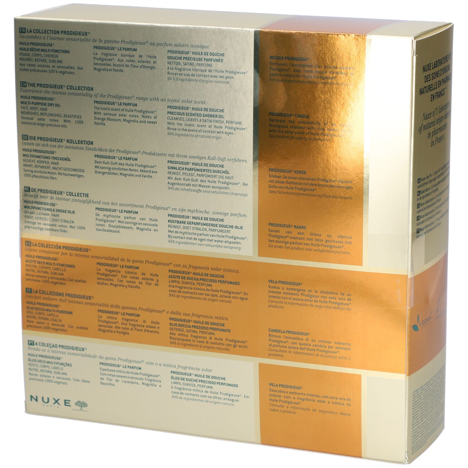 Dos du coffret cadeau avec texte. Informations sur les produits et ingrédients. Couleur dorée.