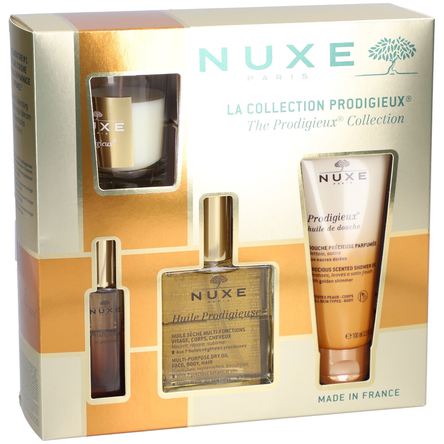 Coffret cadeau Nuxe. Contient huile, gel douche et bougie. Emballage doré avec noms de produits.