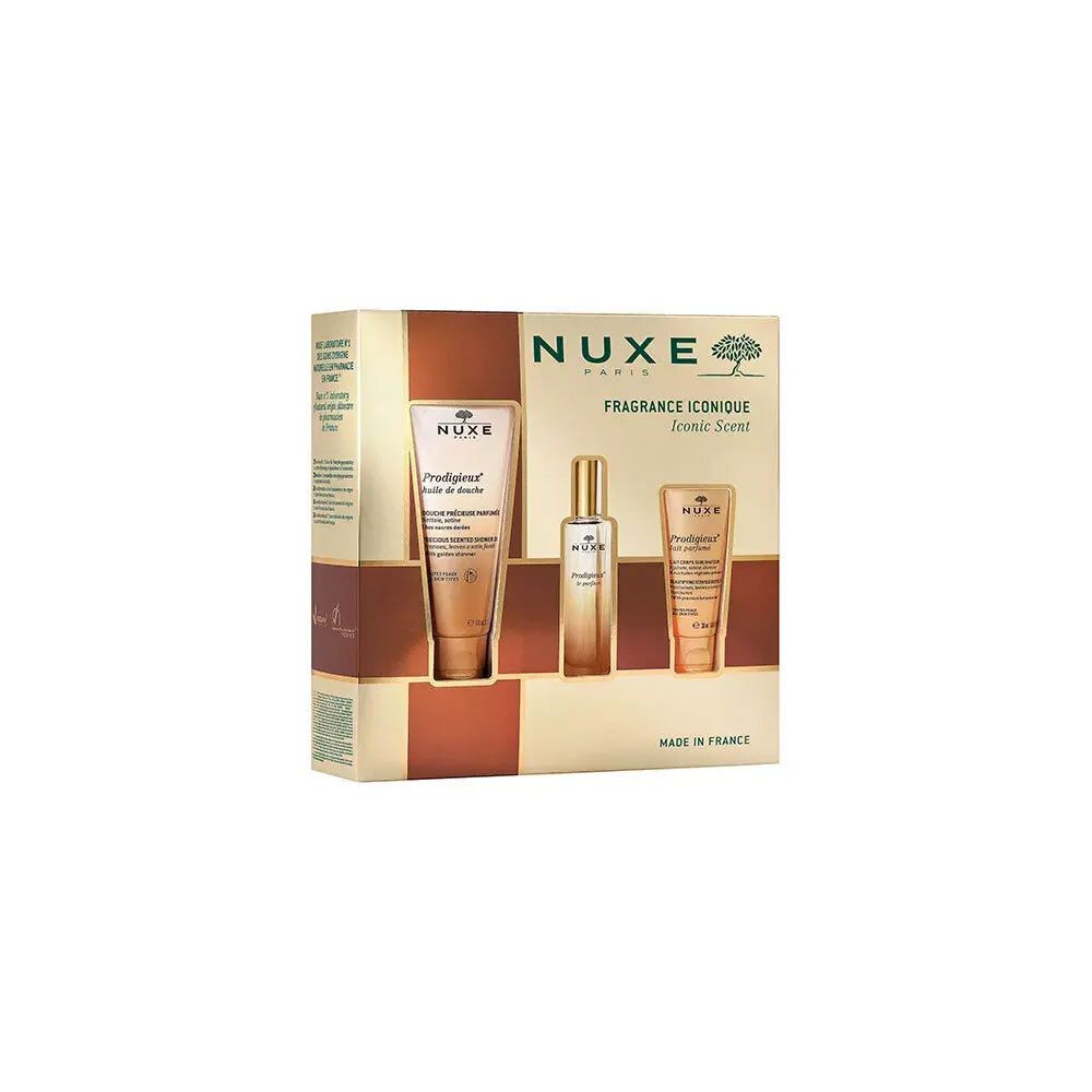 Coffret cadeau Nuxe avec huile de douche, parfum et lotion. Emballage doré avec noms de produits visibles.