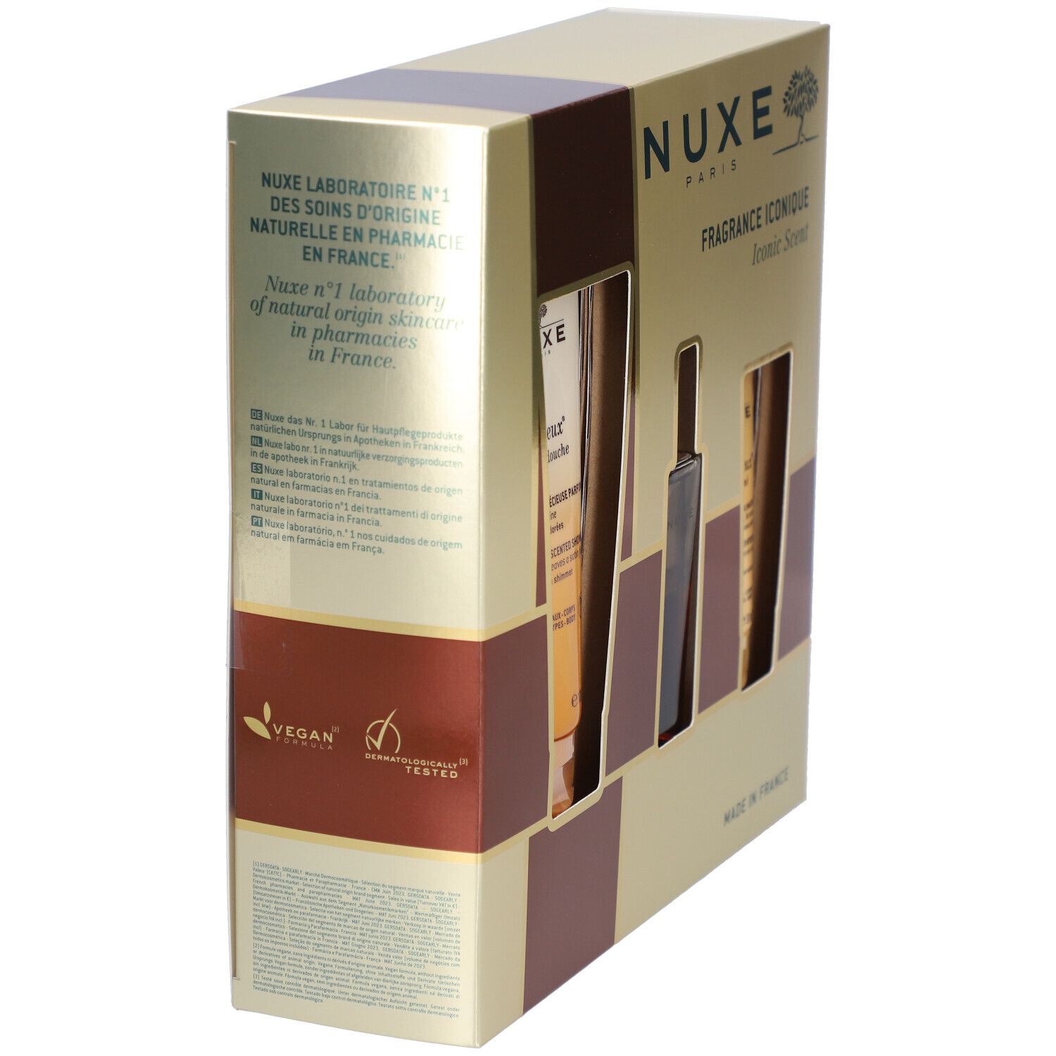 Vue latérale du coffret cadeau. Texte: Nuxe Laboratoire, logo Vegan, et autres informations.