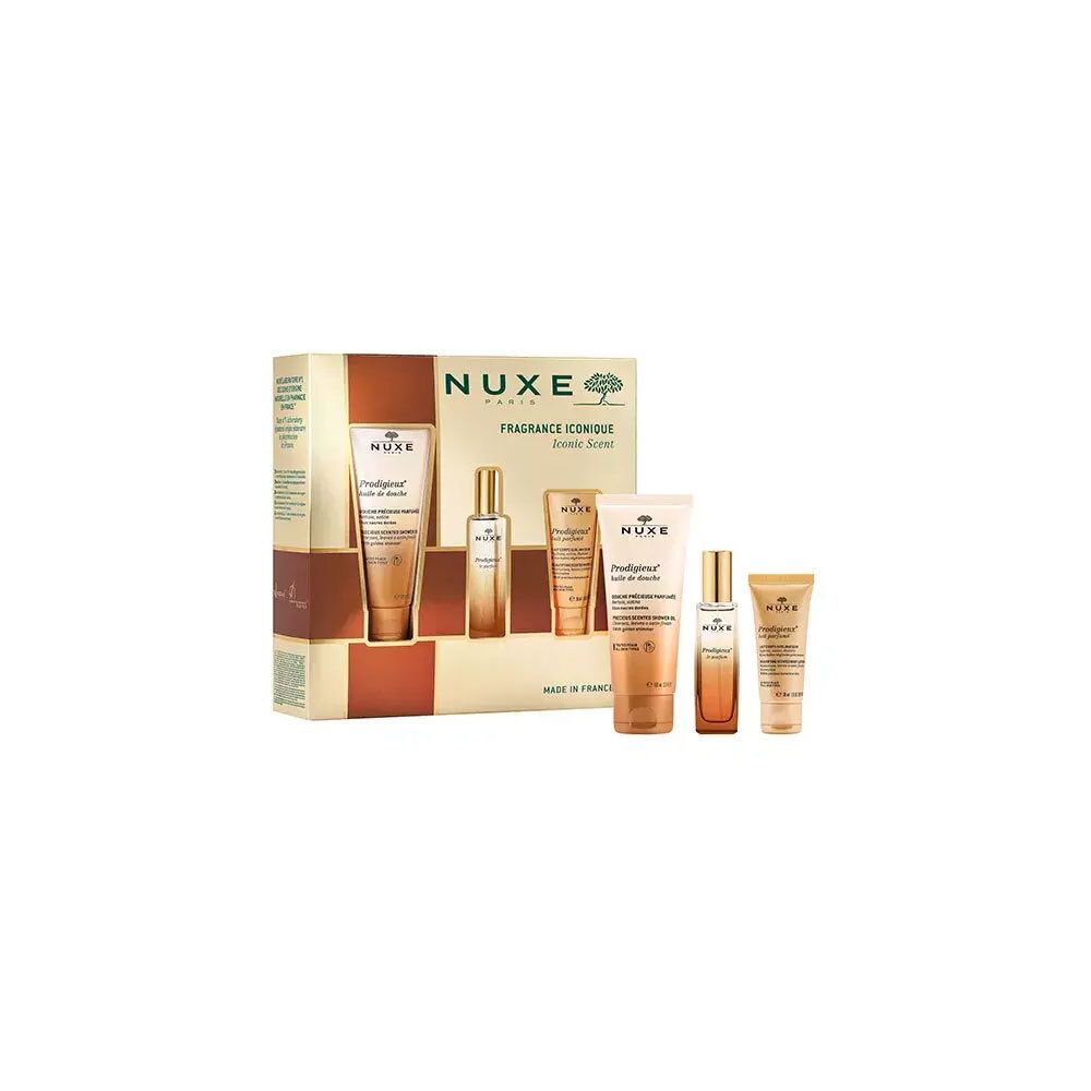 Coffret cadeau Nuxe avec cinq produits: huile de douche, parfum, lotion et deux autres. Emballage doré.