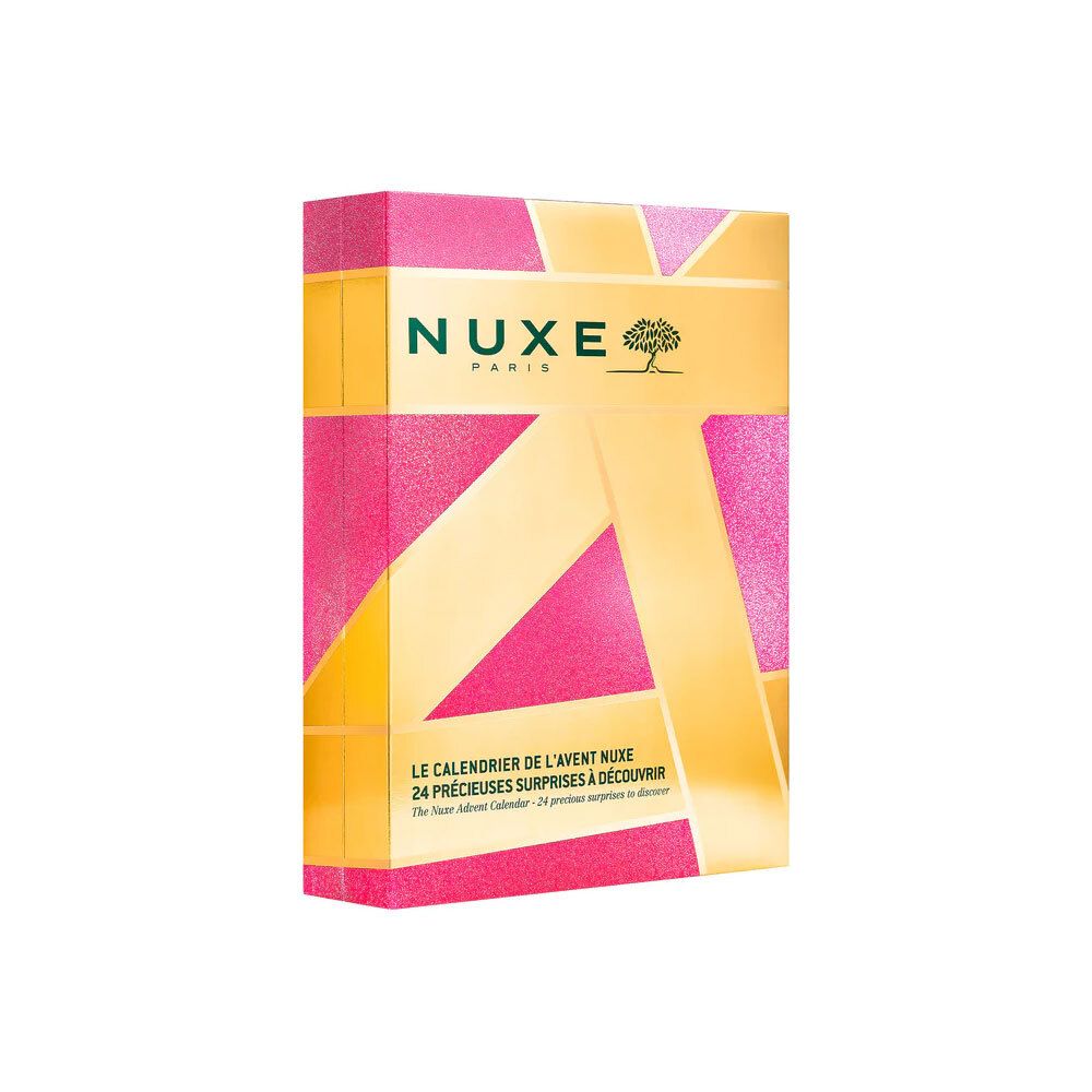 Calendrier de l'Avent Nuxe. Boîte rose et dorée. Logo et texte visibles. Contient 24 surprises.