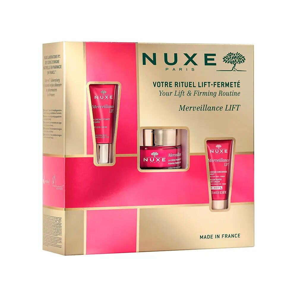 Coffret cadeau Nuxe. Contient trois produits rouges dans un emballage doré. Crème, concentré et crème pour les yeux.
