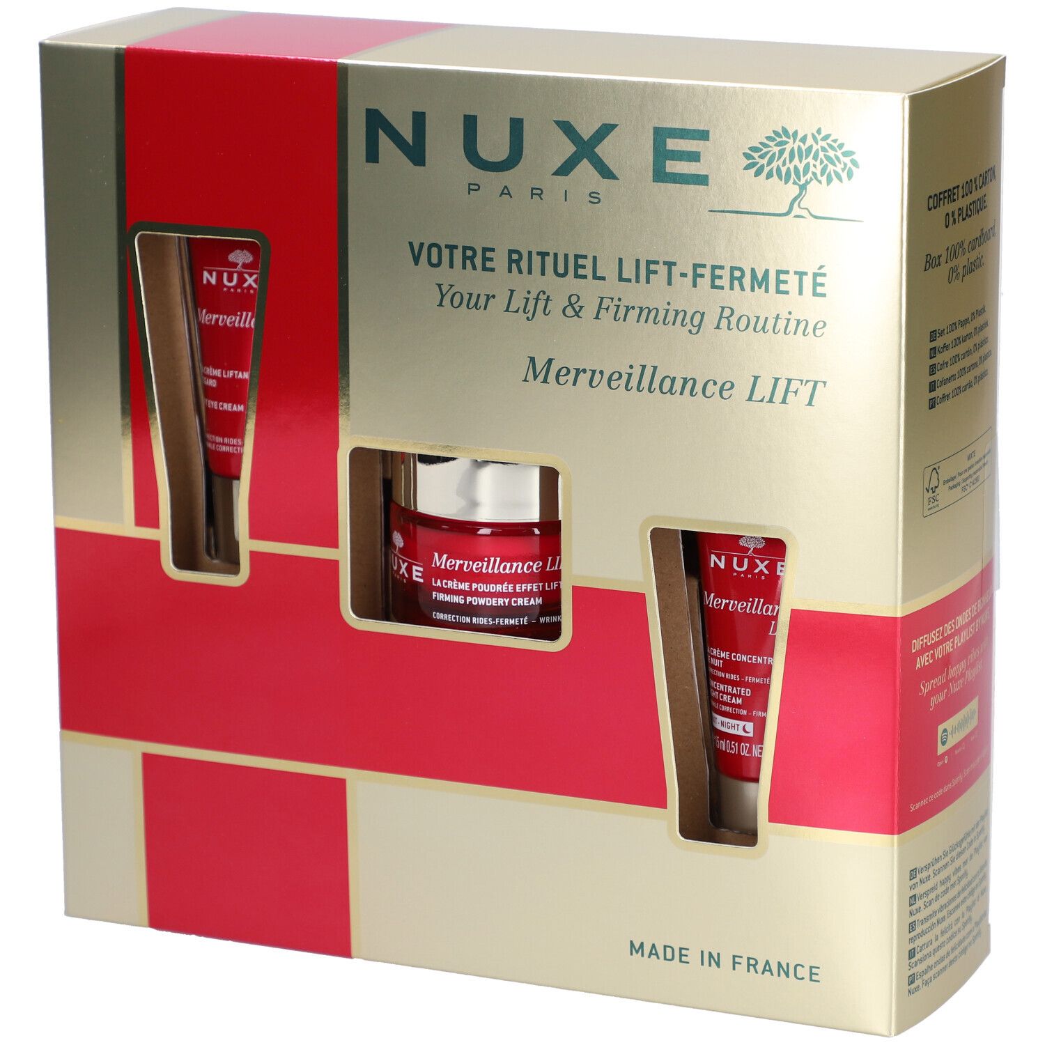 Coffret cadeau Nuxe. Contient trois produits rouges dans un emballage doré. Crème, concentré et crème pour les yeux.