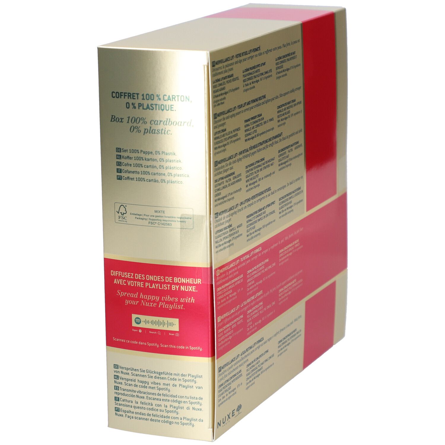 Coffret cadeau en carton. Doré et rouge. Texte en français. Logo FSC.